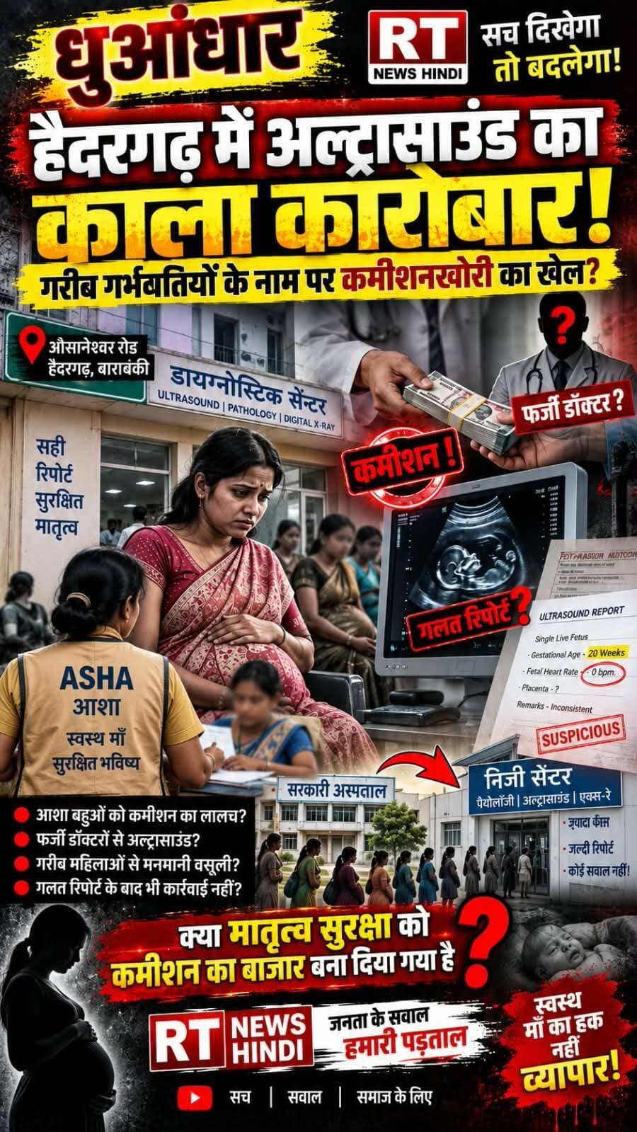 <nis:link nis:type=tag nis:id=ब्रेकिंग nis:value=ब्रेकिंग nis:enabled=true nis:link/> <nis:link nis:type=tag nis:id=बाराबंकी nis:value=बाराबंकी nis:enabled=true nis:link/>
<nis:link nis:type=tag nis:id=हैदरगढ़ nis:value=हैदरगढ़ nis:enabled=true nis:link/> में <nis:link nis:type=tag nis:id=अल्ट्रासाउंड nis:value=अल्ट्रासाउंड nis:enabled=true nis:link/> का <nis:link nis:type=tag nis:id=काला_कारोबार! nis:value=काला_कारोबार! nis:enabled=true nis:link/>
गरीब <nis:link nis:type=tag nis:id=गर्भवतियों nis:value=गर्भवतियों nis:enabled=true nis:link/> के नाम पर <nis:link nis:type=tag nis:id=कमीशनखोरी nis:value=कमीशनखोरी nis:enabled=true nis:link/> का खेल?*
<nis:link nis:type=tag nis:id=बाराबंकी nis:value=बाराबंकी nis:enabled=true nis:link/> के <nis:link nis:type=tag nis:id=हैदरगढ़ nis:value=हैदरगढ़ nis:enabled=true nis:link/> कस्बे से एक ऐसा मामला सामने आया है जिसने स्वास्थ्य व्यवस्था पर गंभीर सवाल खड़े कर दिए हैं। आरोप है कि <nis:link nis:type=tag nis:id=औसानेश्वर_रोड nis:value=औसानेश्वर_रोड nis:enabled=true nis:link/> पर संचालित कुछ <nis:link nis:type=tag nis:id=पैथोलॉजी nis:value=पैथोलॉजी nis:enabled=true nis:link/> एवं <nis:link nis:type=tag nis:id=डायग्नोस्टिक nis:value=डायग्नोस्टिक nis:enabled=true nis:link/> सेंटरों में गरीब <nis:link nis:type=tag nis:id=गर्भवती nis:value=गर्भवती nis:enabled=true nis:link/> महिलाओं का अल्ट्रासाउंड के नाम पर आर्थिक <nis:link nis:type=tag nis:id=शोषण nis:value=शोषण nis:enabled=true nis:link/> किया जा रहा है।
सरकारी अस्पतालों से आशा बहुओं को <nis:link nis:type=tag nis:id=कमीशन nis:value=कमीशन nis:enabled=true nis:link/> का लालच देकर महिलाओं को निजी सेंटरों तक भेजा जा रहा है। इतना ही नहीं, आरोप यह भी है कि नामित "<nis:link nis:type=tag nis:id=रेडियोलॉजिस्ट" nis:value=रेडियोलॉजिस्ट" nis:enabled=true nis:link/> की जगह कथित "<nis:link nis:type=tag nis:id=फर्जी_डॉक्टरों" nis:value=फर्जी_डॉक्टरों" nis:enabled=true nis:link/> से "<nis:link nis:type=tag nis:id=अल्ट्रासाउंड" nis:value=अल्ट्रासाउंड" nis:enabled=true nis:link/> कराया जा रहा है और कई रिपोर्टें गलत आने के बावजूद जिम्मेदार अधिकारियों ने अब तक कोई ठोस कार्रवाई नहीं की।
सूत्रों के अनुसार, गरीब महिलाओं से मनमाने शुल्क वसूले जा रहे हैं, जबकि जांच की गुणवत्ता पर लगातार सवाल उठ रहे हैं। स्थानीय लोगों का आरोप है कि शिकायतों के बावजूद कार्रवाई की जगह मिलीभगत और वसूली का खेल चल रहा है।
<nis:link nis:type=tag nis:id=बड़ा_सवाल?? nis:value=बड़ा_सवाल?? nis:enabled=true nis:link/>
क्या मातृत्व सुरक्षा को कमीशन का बाजार बना दिया गया है? यदि आरोप सही हैं तो दोषियों पर एफआईआर, सेंटर सील और पूरे नेटवर्क की निष्पक्ष जांच कब होगी?
RT News Hindi इस पूरे प्रकरण की पड़ताल करेगा और हर जिम्मेदार अधिकारी से जवाब मांगेगा।