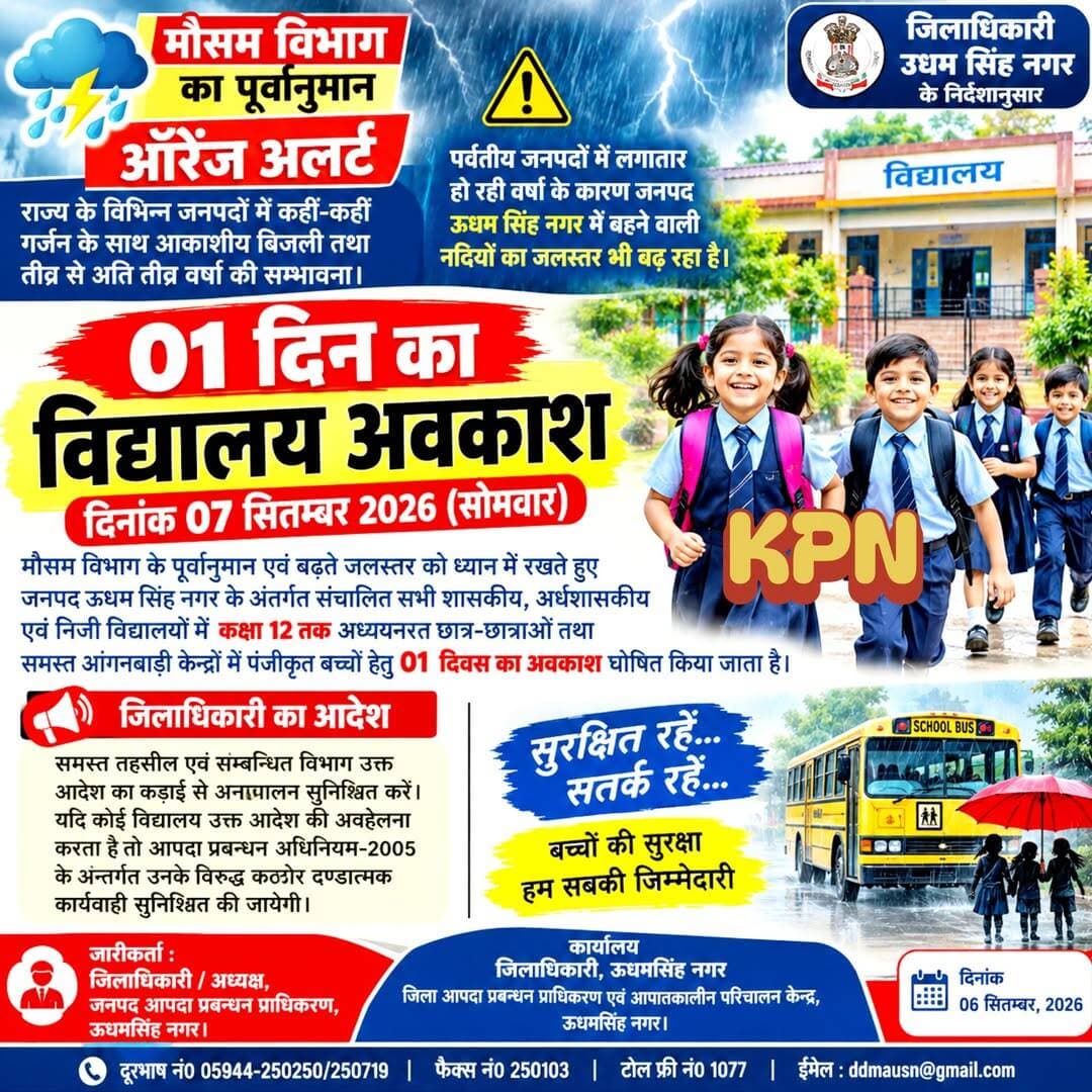 जनपद उधम सिंह नगर में 7 सितंबर को स्कूलों में अवकाश घोषित जिला अधिकारी ने दिया आदेश.....mor आदेश की कॉपी कमेंट बॉक्स में