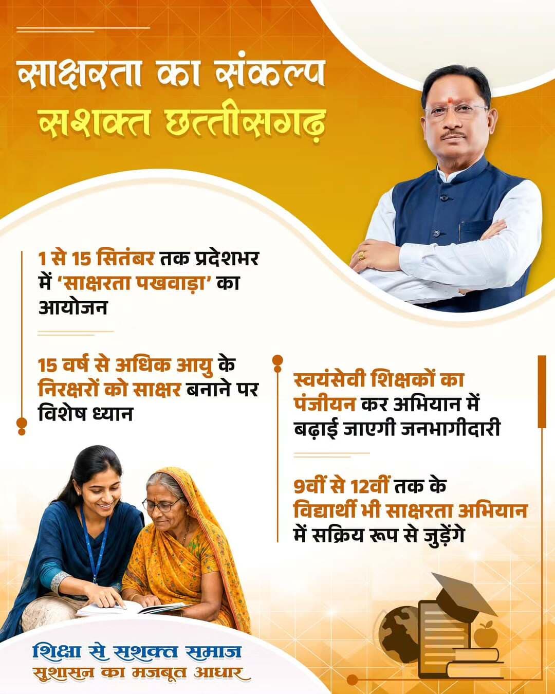 राष्ट्रीय शिक्षा नीति 2020 के तहत 15 वर्ष से अधिक आयु के असाक्षर वयस्कों को शिक्षित और सशक्त बनाने के लिए ‘उल्लास-नव भारत साक्षरता कार्यक्रम’ संचालित है।
इसी क्रम में 1 से 15 सितंबर 2026 तक प्रदेशभर में ‘साक्षरता पखवाड़ा’ आयोजित किया जा रहा है, जिससे जनभागीदारी के साथ साक्षरता अभियान को गति मिलेगी।
@chhattisgarhcmo @dpr.chhattisgarh