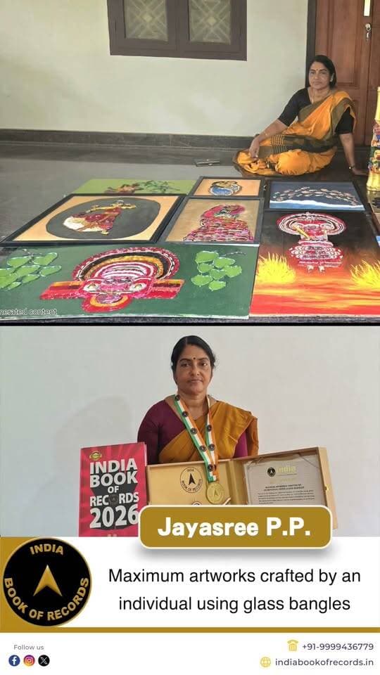 18 Stunning Glass Bangle Artworks Set an India Book of Records Achievement!
Jayasree P.P. from Kannur, Kerala, earned recognition in the India Book of Records for crafting
the maximum number of artworks using glass bangles. She created 18 colourful artworks,
including birds, dancing women, friendship-themed designs and dancing fish, using glass
bangles in different colours. Her creative achievement was officially confirmed by the India Book
of Records on January 29, 2026.
#indiabookofrecords #glassbangleart #creativeartwork #recordachievement #ibr
