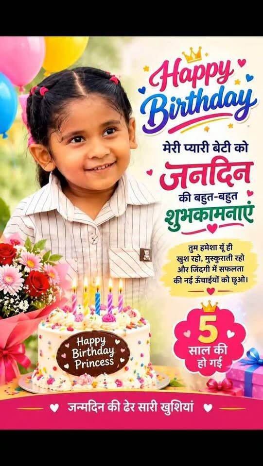मेरी प्यारी बेटी को जन्मदिन की बहुत-बहुत शुभकामनाएँ। 🎂🎉💖
ईश्वर तुम्हें हमेशा खुश रखे, स्वस्थ रखे और तुम्हारी हर इच्छा पूरी करे।
तुम्हारी प्यारी मुस्कान हमेशा यूँ ही खिलती रहे। 🌸👑
ढेर सारा प्यार और आशीर्वाद।