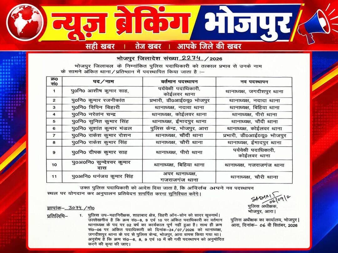 भोजपुर पुलिस अधीक्षक ने 9 पुलिस निरीक्षक व 2 पुअनि का किया तबादला। इसमें 7 थानाध्यक्ष शामिल हैं।