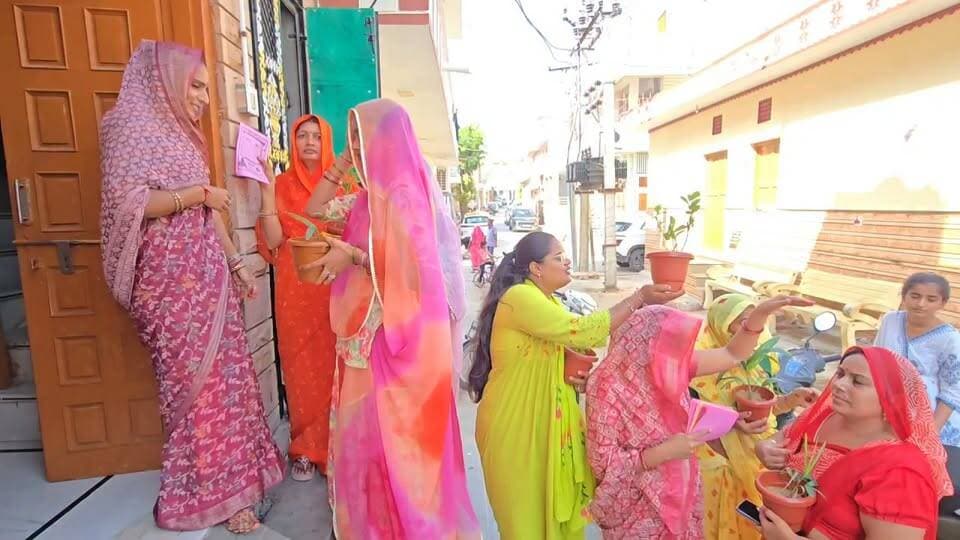 बाड़मेर वार्ड संख्या 49 में डोर टू डोर प्रचार कर पौधे वितरण करती निर्दलीय प्रत्याशी किरण माली।