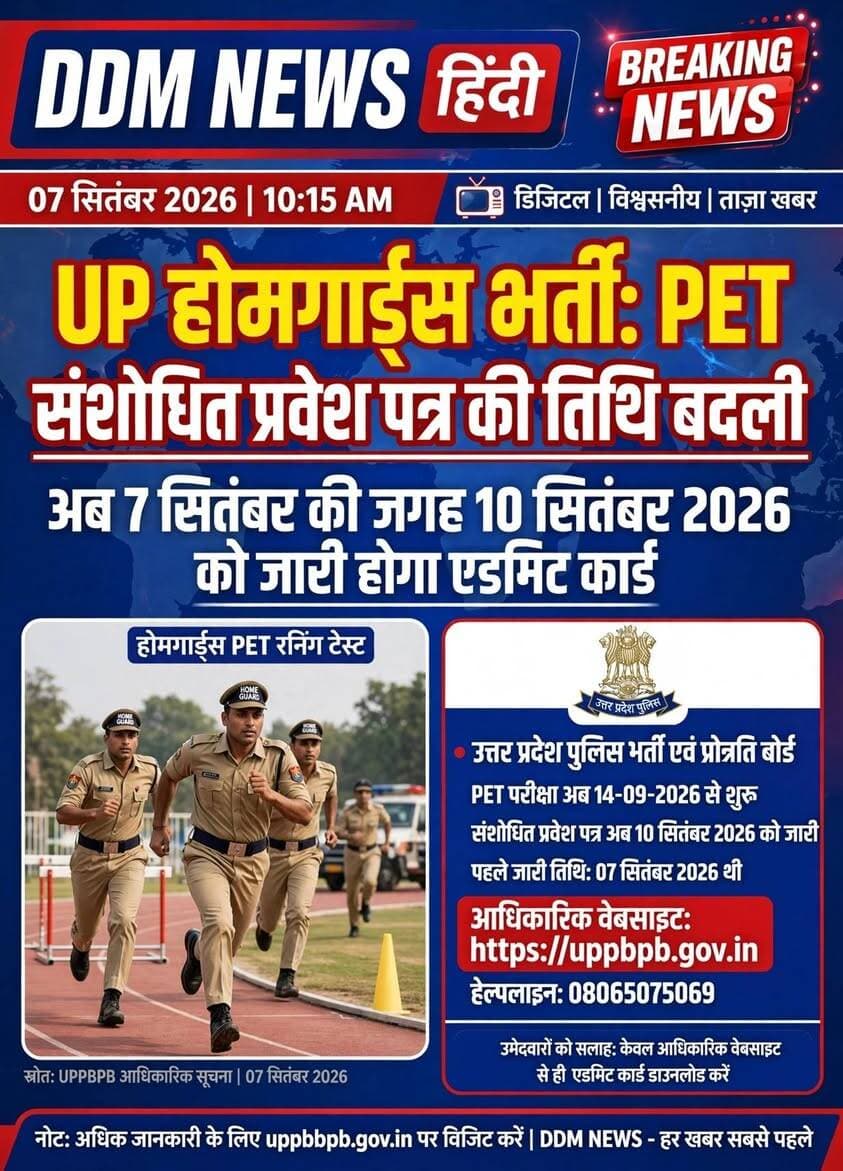 > 🚨 UP होमगार्ड्स भर्ती: PET संशोधित प्रवेश पत्र की तिथि बदली......!!
> उत्तर प्रदेश होमगार्ड्स शारीरिक दक्षता परीक्षा (PET) का संशोधित प्रवेश पत्र अब 7 सितंबर 2026 के स्थान पर 10 सितंबर 2026 को जारी होगा। PET 14 सितंबर 2026 से शुरू।
> उम्मीदवार बोर्ड की आधिकारिक वेबसाइट https://uppbpb.gov.in से अपना नया एडमिट कार्ड डाउनलोड कर सकते हैं।
> हेल्पलाइन: 08065075069
> स्रोत: UPPBPB आधिकारिक सूचना
> #UPHomeguard #PET #AdmitCard #DDMNEWS