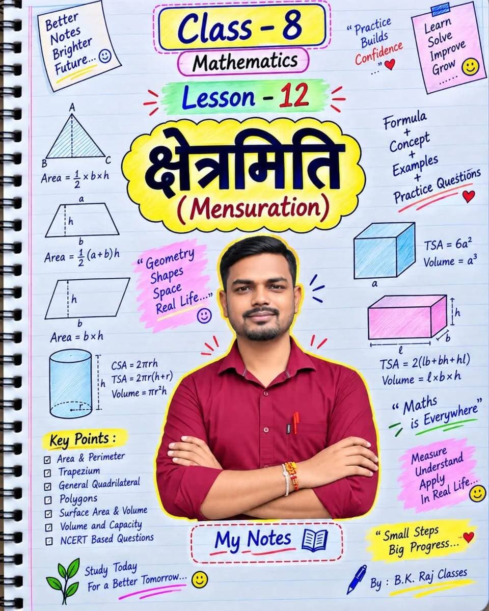 📚 Class 8 Maths | Lesson 12 — क्षेत्रमिति (Mensuration) 📐✨
अब Formula + Concept + Diagram + Example सब एक ही जगह! 💯
🧠 समझकर पढ़ो • ✍️ लिखकर Practice करो • 🎯 Exam में Score बढ़ाओ
अगर ये Topper-Style Notes पसंद आए तो ❤️
👉 Save करो | Share करो | Follow करो — B.K. Raj Classes
💬 बताओ—Mensuration में सबसे मुश्किल Formula कौन-सा लगता है? 👇
🏷️ Hashtags
#bkrajclasses #Class8Maths #Mensuration #क्षेत्रमिति #MathsNotes Class8Notes NCERTMaths MathsTricks MathsJadibooti MathsForStudents ExamPreparation StudyNotes TopperNotes