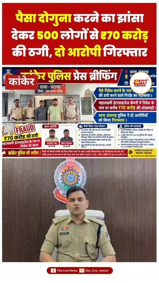 ₹70 करोड़ की निवेश ठगी का पर्दाफाश, दो आरोपी गिरफ्तार
कांकेर। महालक्ष्मी इंटरप्राइजेज में निवेश पर 5% ब्याज और डेढ़ साल में रकम दोगुनी करने का झांसा देकर करीब 500 लोगों से लगभग ₹70 करोड़ की धोखाधड़ी का मामला सामने आया है। अंतागढ़ पुलिस ने कार्रवाई करते हुए दो आरोपियों दयाशंकर साहू और नितिन निर्मलकर को गिरफ्तार किया है।
पुलिस के अनुसार आरोपियों ने कांकेर समेत दंतेवाड़ा, कोंडागांव और बीजापुर के लोगों से निवेश कराया। कई लोगों को बैंक से लोन लेकर पैसा लगाने के लिए भी प्रेरित किया गया। शुरुआत में कुछ किश्तों का भुगतान करने के बाद आरोपी रकम लेकर फरार हो गए। तकनीकी साक्ष्यों के आधार पर पुलिस ने दोनों को पकड़कर न्यायिक रिमांड पर भेज दिया है। मामले में आगे की जांच जारी है।
#thelivenews #chhattisgarh #viralvideos #reels #crime