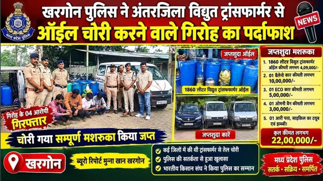 #khargone खरगोन पुलिस ने अंतरजिला विद्युत ट्रांसफार्मर से ऑईल चोरी करने वाले गिरोह का पर्दाफाश।