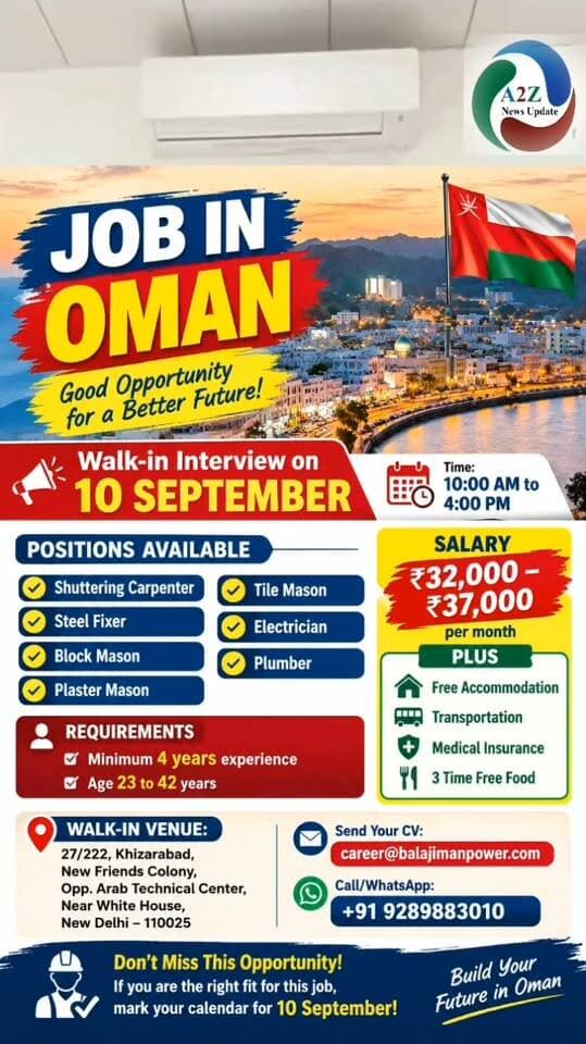 🇴🇲 ओमान में नौकरी का शानदार मौका! 10 सितंबर को Walk-in Interview 🇴🇲
ओमान में नौकरी की तलाश कर रहे युवाओं के लिए शानदार रोजगार का अवसर। विभिन्न पदों पर भर्ती के लिए 10 सितंबर को Walk-in Interview आयोजित किया जा रहा है।
🔹 पद: Shuttering Carpenter, Steel Fixer, Block Mason, Plaster Mason, Tile Mason, Electrician & Plumber
💰 वेतन: ₹32,000 से ₹37,000 तक
🏠 Free Accommodation
🚌 Free Transportation
🍽️ 3 Time Free Food
🏥 Medical Insurance
👷 अनुभव: न्यूनतम 4 वर्ष
🎂 आयु: 23 से 42 वर्ष
📅 दिन: 10 सितंबर
⏰ समय: सुबह 10 बजे से शाम 4 बजे तक
📍 Walk-in Venue: 27/222, Khizarabad, New Friends Colony, Opp. Arab Technical Center, Near White House, New Delhi – 110025.
📩 CV भेजें: career@balajimanpower.com
📞 Call/WhatsApp: +91 9289883010
👉 अगर आप योग्य हैं, तो इस मौके को हाथ से न जाने दें। 10 सितंबर की तारीख अभी नोट कर लें और समय पर Walk-in Interview में पहुंचें।
#OmanJobs #OmanJobVacancy #GulfJobs #OverseasJobs #JobVacancy #WalkInInterview #DubaiJobs #MiddleEastJobs #ElectricianJobs #PlumberJobs #MasonJobs #CarpenterJobs #JobOpportunity #HiringNow