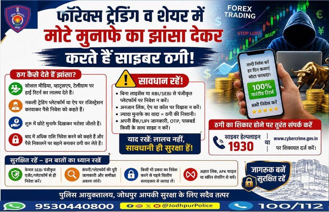 फॉरेक्स ट्रेडिंग व शेयर में मोटे मुनाफे का झांसा देने वालों से सावधान रहें।