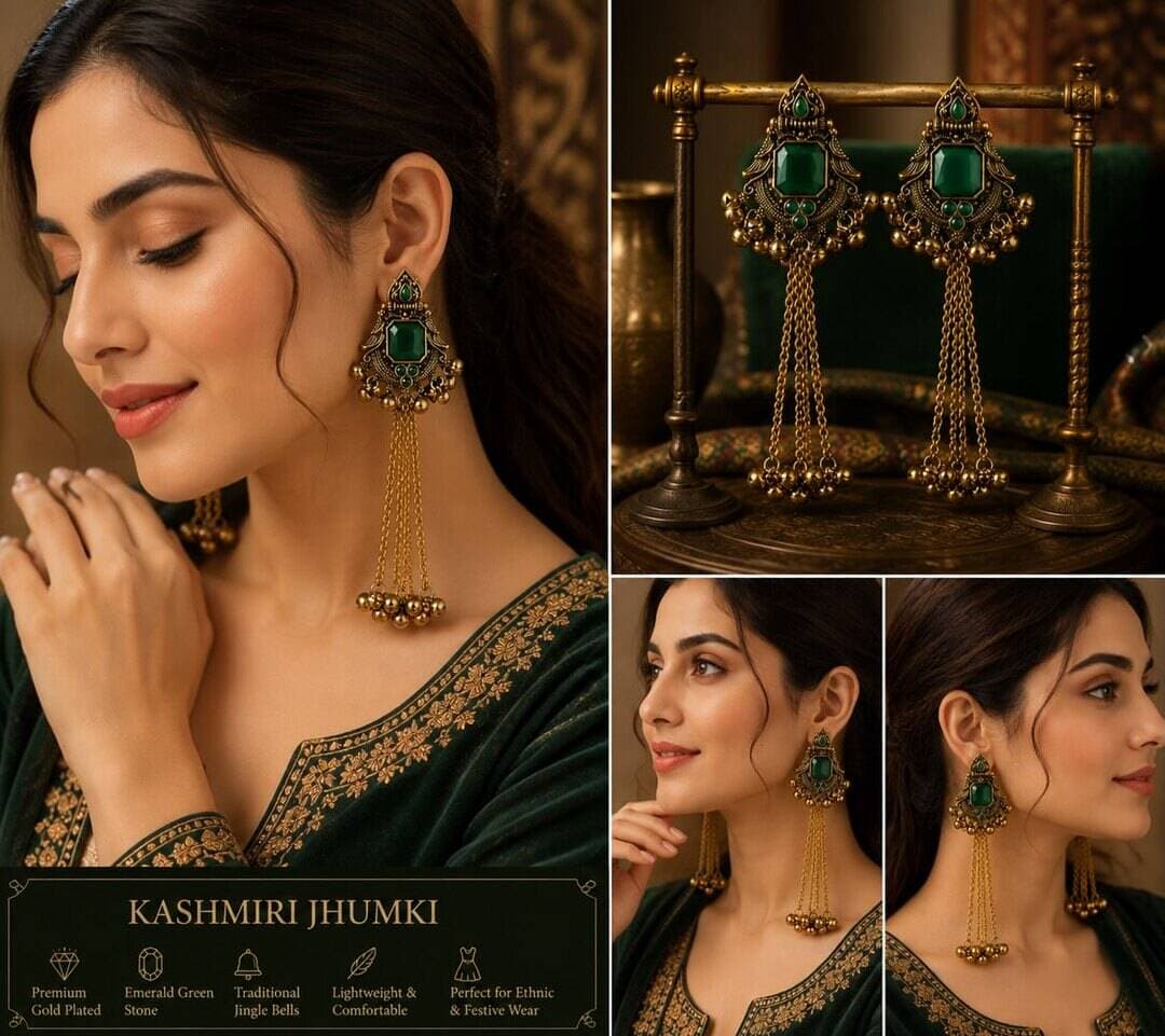 ✨ Kashmiri Jhumki — Royal Elegance in Every Detail ✨
Adorn yourself with timeless Kashmiri-inspired beauty 💚
Emerald green stones, intricate gold detailing & delicate jingle-bell chains — made to make every festive look unforgettable. ✨
📩 DM us to order yours today!
#KashmiriJhumki #JhumkaEarrings #EmeraldEarrings #EthnicJewellery #FestiveJewellery GoldPlatedJewellery IndianJewellery TraditionalJewellery StatementEarrings JewelleryLovers SparkleFashionJewelleryHub