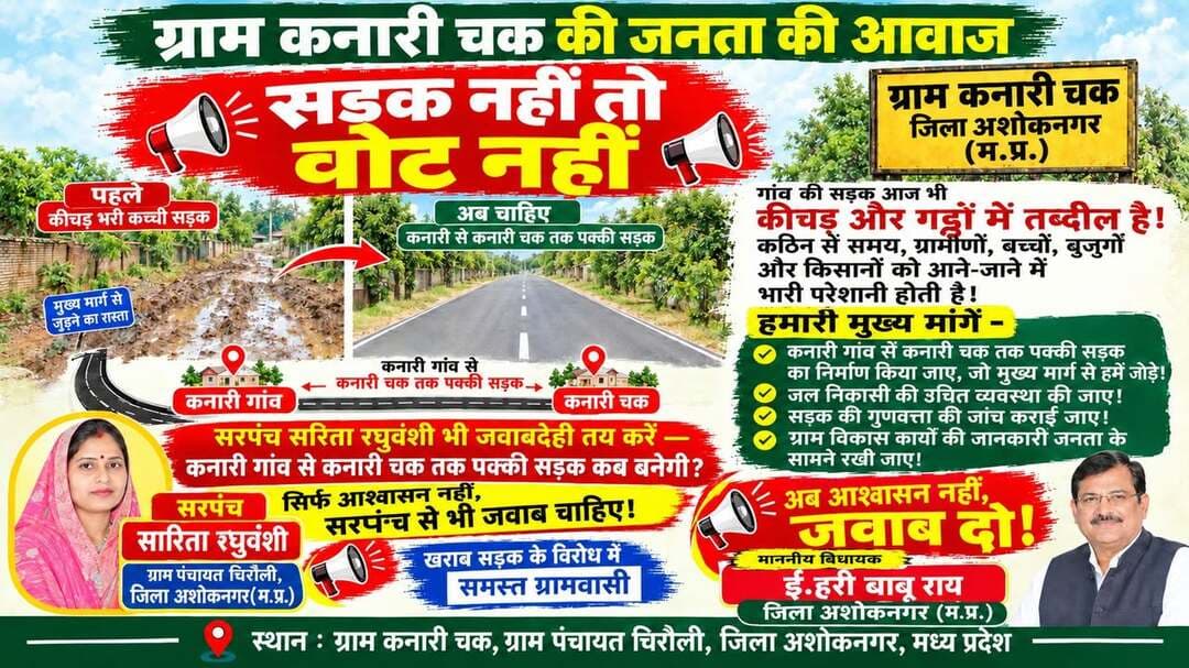 सड़क नहीं तो बोट नहीं आगामी चुनावों में समस्त ग्रामबासी कनारी चक्क
पंचायत चिरौली जिला अशोकनगर मध्यप्रदेश के निवासी अपना मत का बहिष्कार करने के लिए मजबूर है
बजह गांव की खराब सड़क जो हमें मुख्य मार्ग से जोड़ती है जिस पंचायत सरपंच को 5 वर्षों में ग्राम का विकास करना था उसने एक किलोमीटर की सड़क पर मोरम तक नहीं डलवाई जिस विधायक को हमने वोट देकर जितवाया आज वह कोई अपनी जवाबदारी नहीं ले रहे हैं हमारे बच्चे इस कीचड़मय सड़क से चलते हुए स्कूल जाने को मजबूर हैं अगर बारिश थोड़ी सी ज्यादा हो जाए तो बच्चे स्कूल तक नहीं जा पाते इस कच्ची सड़क पर बड़े-बड़े गड्ढे बने हुए हैं जिस बड़े-बड़े तालाब बन गए हैं पैदल व्यक्ति पैदल चल तक नहीं सकता अगर कोई बीमार पड़ जाए तो उसे ले जाने के लिए कितनी परेशानियों का सामना करना पड़ता है वह आप सोच भी नहीं सकते
जिम्मेदारो से निवेदन है कि गांव वालों की समस्या पर ध्यान दें
जिम्मेदार .. सरपंच सुश्री सरिता रघुवंशी पंचायत चिरौली जिन्होंने ग्राम सभा की बैठक की किसी ग्राम सभा सदस्यों को सूचना देना उचित नही समझा जिससे ग्राम कनारी चक्क निवासी अपनी समस्याओं को उजागर ना कर दे
जिम्मेदार ..अशोकनगर विधायक Er Hari Baboo Rai जिन्होंने चुनाव के समय ग्रामवासियों को बड़े बड़े जुमले दिये थे
जिम्मेदार .. ग्राम सेवक जिसे आज तक हमने देखा भी नहीं तो गांव में आने की बात ही अलग है।
जिम्मेदार .. Collector Ashok Nagar जिन्होंने कभी ग्राम पंचायत की बैठकों से संबंधित कोई सूचना ही नही ली और ना ही कभी हमारे गांव का दौरा किया
जिम्मेदार ..@ chiroli panchayat sachiv जिन्होंने कभी ग्राम सभा में खराब सड़क का ज़िक्र तक नहीं किया ।
जिम्मेदार -- सरपंच ग्राम पंचायत चिरौली, ग्राम सेवक (अदृश्य ), कलेक्टर अशोकनगर, नगरपालिका
अशोकनगर, विधायक महोदय एर हरीबाबू राय, पंचायत सचिव जी
समस्त ग्रामवासी कनारी चक पंचायत चिरौली के छात्र अपने गांव की समस्या उठाने के लिए मजबूर है क्योंकि जवाबदेह अपनी जवाबदेहिता नहीं ले रहे सभी से निवेदन है कि हमारा साथ दे
धन्यवाद 🙏