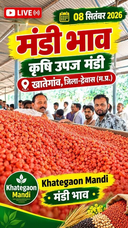 08 सितंबर 2026 | मंडी भाव | कृषि उपज मंडी खातेगांव, जिला-देवास (म.प्र.) Khategaon Mandi • मंडी भाव