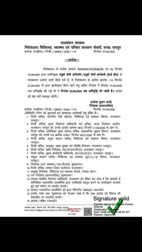 चतुर्थ श्रेणी कर्मचारी भर्ती 2024
चिकित्सा, स्वास्थ्य एवं परिवार कल्याण विभाग में नव-नियुक्त चतुर्थ श्रेणी कर्मचारी / वार्ड बॉय बड़ी राहत, कार्यग्रहण की अंतिम तिथि बढ़ाकर 23 सितंबर 2026 की गई