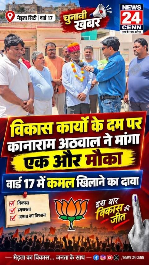 विकास कार्यों के दम पर कानाराम अठवाल ने मांगा एक और मौका, वार्ड 17 में कमल खिलाने का दावा
#MertaCity
#Ward17
#KanaramaAthwal
#NikayChunav2026
#BJP Rajasthan