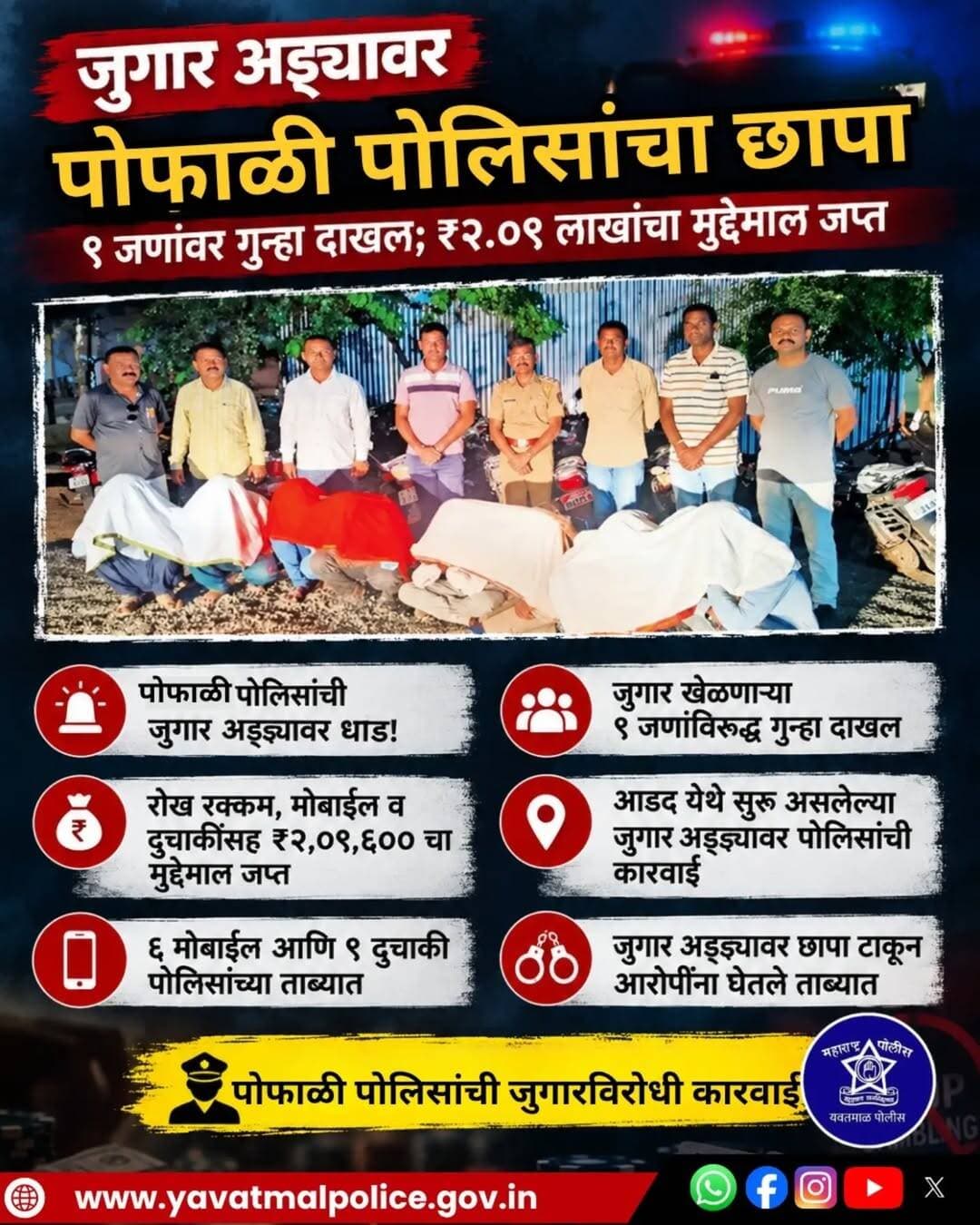 जुगार अड्यावर पोफाळी पोलिसांचा छापा ९ जणांवर गुन्हा दाखल; ₹२.०९ लाखांचा मुद्देमाल जप्त
@cmomaharashtra
महाराष्ट्र पोलीस | Maharashtra Police
HMO Maharashtra
<nis:link nis:type=tag nis:id=yavatmalpolice nis:value=yavatmalpolice nis:enabled=true nis:link/>
<nis:link nis:type=tag nis:id=police nis:value=police nis:enabled=true nis:link/>
<nis:link nis:type=tag nis:id=yavatmal nis:value=Yavatmal nis:enabled=true nis:link/>