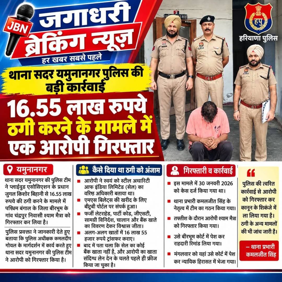 थाना सदर यमुनानगर की पुलिस टीम ने 16.55 लाख रुपये ठगी करने के मामले में एक आरोपी को किया गिरफ्तार।