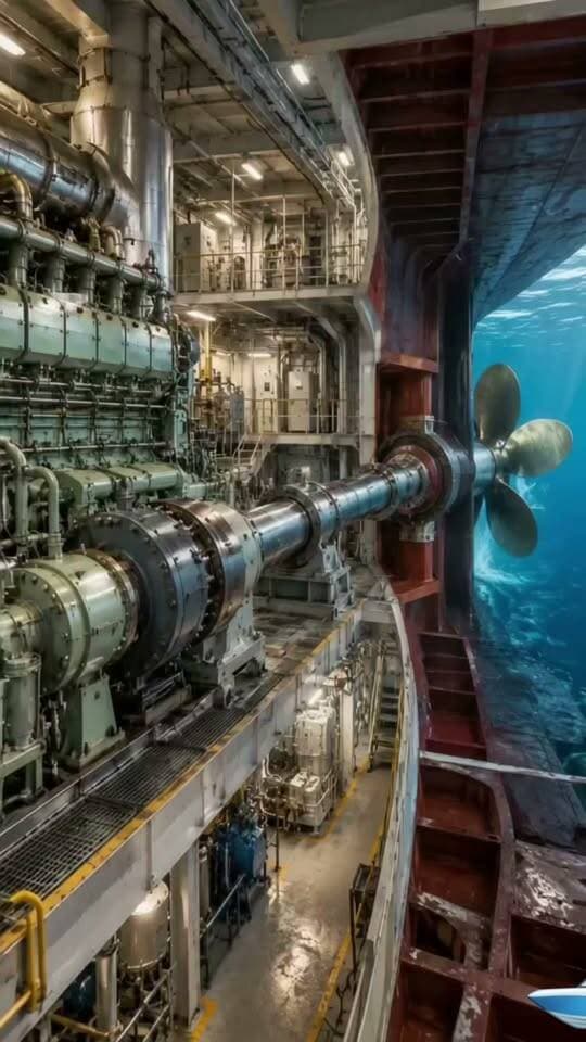 Ever wonder how massive cargo ships actually move through the ocean? A look inside the engine room powering the propeller. #engineering #maritime #physics