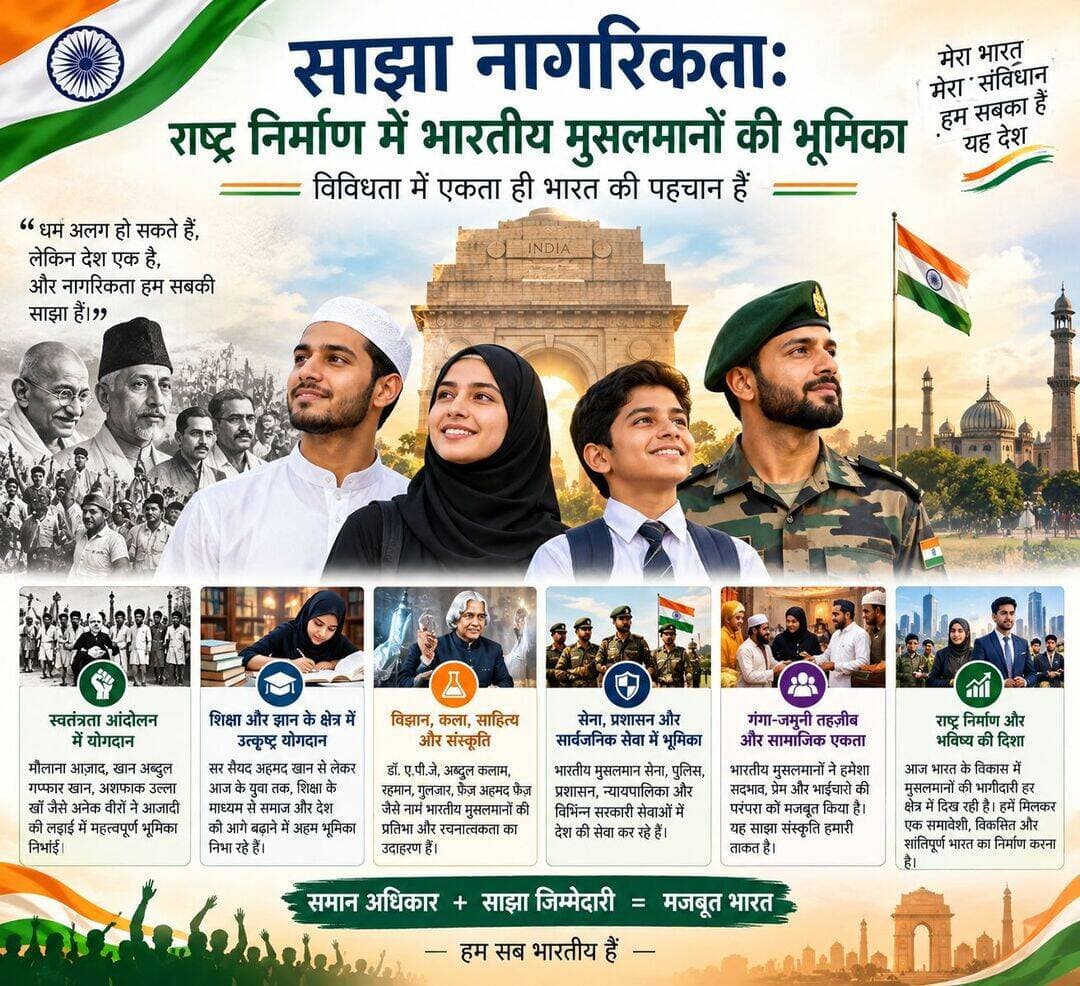 साझा नागरिकता: राष्ट्र निर्माण में भारतीय मुसलमानों की भूमिका
भारत विश्व के सबसे विविधतापूर्ण देशों में से एक है, जहाँ विभिन्न धर्मों, भाषाओं, संस्कृतियों और परंपराओं के लोग रहते हैं। यह विविधता सदियों से विकसित हुई है, जिसमें विभिन्न समुदायों ने देश के सामाजिक, आर्थिक, बौद्धिक और सांस्कृतिक जीवन में योगदान दिया है। भारतीय मुसलमान इस इतिहास का अभिन्न अंग हैं। वास्तुकला, साहित्य, व्यापार, शिक्षा, लोक प्रशासन और स्वतंत्रता संग्राम में उनके योगदान को देखा जा सकता है। जैसे-जैसे भारत एक विकसित राष्ट्र बनने की ओर अग्रसर हो रहा है, प्रश्न केवल यह नहीं है कि भारतीय मुसलमान देश के भविष्य में किस प्रकार समाहित होंगे, बल्कि यह है कि वे एक सशक्त, समावेशी और समृद्ध भारत के निर्माण में और अधिक योगदान कैसे दे सकते हैं।
साझा नागरिकता का विचार इस ज़िम्मेदारी को देखने का एक महत्वपूर्ण तरीका प्रदान करता है। इसका अर्थ है कि प्रत्येक नागरिक, चाहे वह किसी भी धर्म, भाषा, जाति या क्षेत्र का हो, समान अधिकारों के साथ-साथ समान ज़िम्मेदारियाँ भी रखता है। नागरिकता केवल अधिकारों का आनंद लेने तक सीमित नहीं है। यह समाज में भागीदारी करने, दूसरों की सेवा करने और देश की प्रगति में योगदान देने से भी संबंधित है। भारतीय मुसलमानों के लिए, इसका अर्थ है शिक्षा, आर्थिक विकास, सामाजिक सेवा, सार्वजनिक जीवन और सामुदायिक कल्याण में सक्रिय भूमिका निभाना।
शिक्षा उन महत्वपूर्ण क्षेत्रों में से एक है जिनमें समुदाय योगदान दे सकता है। आज के भारत में, बेहतर रोज़गार, आर्थिक अवसर और नेतृत्व के लिए शिक्षा अत्यावश्यक है। गुणवत्तापूर्ण शिक्षा, वैज्ञानिक सोच, व्यावसायिक पाठ्यक्रमों और तकनीकी कौशल पर अधिक ज़ोर देने से युवाओं को बेहतर भविष्य बनाने में मदद मिल सकती है। मुस्लिम समुदाय के शिक्षक, शोधकर्ता, विद्वान और पेशेवर भी भारत के बौद्धिक और आर्थिक विकास में महत्वपूर्ण योगदान दे सकते हैं। इसलिए, शिक्षा का समर्थन करना न केवल व्यक्तियों और परिवारों को बल्कि पूरे समाज को लाभ पहुँचाता है।
आर्थिक भागीदारी भी उतनी ही महत्वपूर्ण है। मुस्लिम उद्यमी, कारीगर, व्यापारी, पेशेवर और श्रमिक देश भर की स्थानीय अर्थव्यवस्थाओं में योगदान देते हैं। उद्यमिता, नई तकनीक, नवाचार और आधुनिक कौशल को अधिक समर्थन देने से रोजगार और आर्थिक अवसरों का सृजन हो सकता है। युवाओं को ऐसे व्यवसाय और उद्यम स्थापित करने के लिए प्रोत्साहित किया जा सकता है जो उनके समुदायों की सेवा करने के साथ-साथ व्यापक अर्थव्यवस्था में भी योगदान दें। आर्थिक मजबूती लोगों को सार्वजनिक और सामाजिक जीवन में अधिक आत्मविश्वास से भाग लेने में सक्षम बनाती है।
सामाजिक सेवा भी योगदान का एक महत्वपूर्ण क्षेत्र है। दान और जरूरतमंदों की मदद करना इस्लामी शिक्षाओं में एक मजबूत स्थान रखता है, और कई व्यक्ति और संगठन पहले से ही शिक्षा, स्वास्थ्य सेवा और कल्याण के क्षेत्र में काम कर रहे हैं। ऐसे प्रयास तब और भी अधिक प्रभावी हो सकते हैं जब वे समुदाय की सीमाओं से परे लोगों तक पहुँचें। छात्रवृत्तियाँ, स्वास्थ्य सेवा कार्यक्रम, कौशल प्रशिक्षण और वंचित परिवारों के लिए सहायता समाज के विभिन्न वर्गों के बीच विश्वास और सहयोग को बढ़ावा देने में सहायक हो सकते हैं। समाज की सेवा तब अधिक सार्थक हो जाती है जब वह धार्मिक या सामाजिक मतभेदों के बजाय करुणा से प्रेरित हो।समावेशी भारत के लिए विविध समुदायों के बीच अधिक मेलजोल आवश्यक है। बहुलवाद का अर्थ केवल विभिन्न समुदायों का साथ-साथ रहना ही नहीं है। इसका अर्थ एक-दूसरे से संवाद करना, मिलकर काम करना और एक-दूसरे से सीखना भी है। भारतीय मुसलमान लंबे समय से भारत के साझा सांस्कृतिक और सामाजिक जीवन का अभिन्न अंग रहे हैं। इस परंपरा को संवाद और मोहल्लों, विद्यालयों, कार्यस्थलों और नागरिक संस्थानों में नियमित मेलजोल के माध्यम से मजबूत किया जा सकता है। सामाजिक सद्भाव तभी बढ़ता है जब लोग एक-दूसरे को अलग-अलग समूहों के बजाय सह-नागरिक के रूप में देखते हैं।
संविधान स्वतंत्रता, समानता, न्याय और बंधुत्व के प्रति अपनी प्रतिबद्धता के माध्यम से इस साझा नागरिकता के लिए एक समान आधार प्रदान करता है। ये मूल्य दैनिक व्यवहार के माध्यम से सार्थक बनते हैं। दूसरों की गरिमा का सम्मान करना, कानून का पालन करना, पूर्वाग्रहों को त्यागना और लोकतांत्रिक जीवन में रचनात्मक रूप से भाग लेना सभी नागरिकों का साझा दायित्व है। भारतीय मुसलमान, अन्य सभी समुदायों की तरह, नागरिक गतिविधियों में भाग लेकर, संवाद को प्रोत्साहित करके और युवाओं में जिम्मेदार नागरिकता को बढ़ावा देकर लोकतांत्रिक संस्कृति को मजबूत कर सकते हैं। डिजिटल युग ने नागरिकता में एक नया आयाम जोड़ दिया है। सोशल मीडिया और डिजिटल प्लेटफॉर्म ने लोगों के लिए संवाद करना और सूचनाओं का आदान-प्रदान करना आसान बना दिया है। साथ ही, गलत सूचना, रूढ़िवादिता और विभाजनकारी सामग्री ऑनलाइन तेजी से फैल सकती है। इसलिए सोशल मीडिया का जिम्मेदार उपयोग महत्वपूर्ण है। नागरिकों को जानकारी साझा करने से पहले उसकी पुष्टि करनी चाहिए, अपमानजनक या भड़काऊ सामग्री से बचना चाहिए और सम्मानजनक चर्चाओं में भाग लेना चाहिए।
साझा नागरिकता का विचार अंततः एक सरल सिद्धांत पर आधारित है:
किसी भी समुदाय की प्रगति देश की समग्र प्रगति से गहराई से जुड़ी होती है। भारतीय मुसलमानों की समृद्ध विरासत है और भारत के विकास में उनका लंबा योगदान रहा है। शिक्षा, उद्यमशीलता, महिलाओं की भागीदारी, सामाजिक सेवा, सामुदायिक संबंध और संवैधानिक मूल्यों पर अधिक ध्यान देकर वे देश के भविष्य में और भी सशक्त योगदान दे सकते हैं। यह भागीदारी समान नागरिकता की स्वाभाविक अभिव्यक्ति है। समावेशी भारत का निर्माण केवल सरकारों द्वारा नहीं किया जा सकता। इसके लिए ऐसे नागरिकों की आवश्यकता है जो यह समझते हों कि उनकी अपनी प्रगति देश की प्रगति से जुड़ी है। लक्ष्य एक ऐसा समाज होना चाहिए जिसमें विविधता का सम्मान हो और प्रत्येक नागरिक को गरिमा, अवसर और भारत के साझा भविष्य में योगदान देने का उचित मौका मिले।
अल्ताफ मीर
जामिया मिलिया इस्लामिया से पीएच.डी.