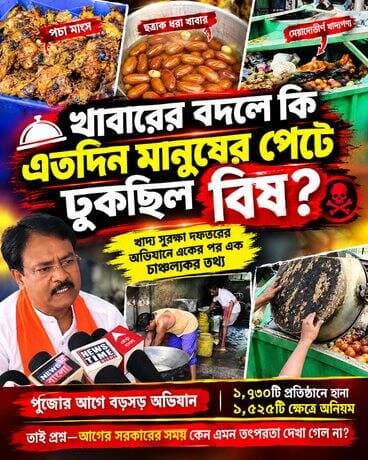 হোটেল হোক কিংবা রেস্টুরেন্ট প্লেটে খাবার আসুক বি***ষ নয়,
লাগাতার খাদ্য সুরক্ষার অভিযানের পর একটাই দাবি সাধারণ মানুষের