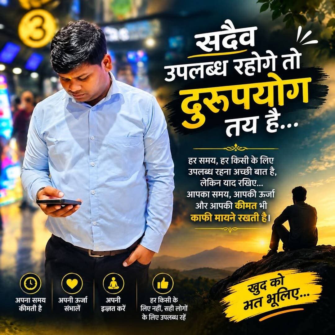 सदैव उपलब्ध रहोगे तो दुरूपयोग तय है...
Akash Singh Bhadouria
Ashwani Tiwari
Vishwanath Shrivas
Pawan Rathore
Hari Bhadouriya
Wasim Khan
Shivvam Pandey
Monu Batham