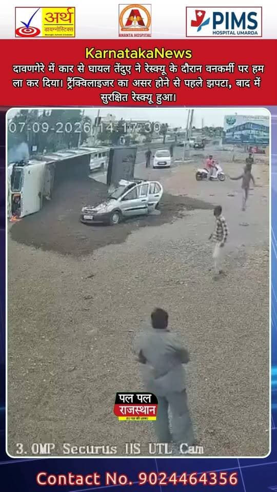 दावणगेरे के अनगोड़ू के पास NH-48 पर कार की टक्कर से घायल तेंदुआ मिला था। रेस्क्यू के दौरान ट्रैंक्विलाइजर का असर पूरी तरह होने से पहले तेंदुए ने वन विभाग के वॉचर मरुलासिद्धप्पा पर हमला कर दिया। उन्हें हाथ और पैर में खरोंचें आईं और उन्हें अस्पताल में निगरानी में रखा गया। बाद में तेंदुए को सुरक्षित रेस्क्यू कर इलाज के लिए भेज दिया गया।
#DavangereNews #KarnatakaNews #LeopardRescue #LeopardAttack #WildlifeRescue #ForestDepartment #LeopardNews #AnimalRescue #ViralNews #BreakingNews #Karnataka #Davangere #WildlifeNews #PalPalNewsRajasthan #PalPalRajasthan