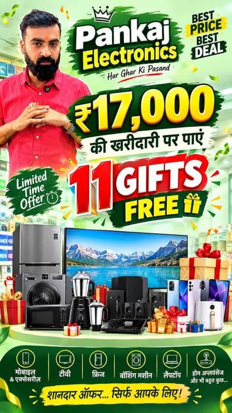 🎉 ₹17,000 की खरीदारी पर 11 GIFTS FREE! 🎁
Pankaj Electronics लेकर आया है शानदार Maha Dhamaka Deal! 😍
मोबाइल, TV, फ्रिज, वॉशिंग मशीन, होम अप्लायंसेज और इलेक्ट्रॉनिक्स की खरीदारी पर पाएं जबरदस्त ऑफर और 11 शानदार गिफ्ट्स बिल्कुल FREE! 🛍️✨
आज ही Pankaj Electronics पर आएं और इस धमाकेदार ऑफर का फायदा उठाएं! ❤️
#PankajElectronics #MahaDhamakaDeal #11GiftsFree #17000Offer #FreeGifts ElectronicsOffer BestDeal BestPrice MobileOffer TVOffer HomeAppliances ElectronicsShopping Bhopal BhopalShopping BhopalElectronics DhamakaOffer SpecialOffer MegaOffer ShoppingOffer FestivalOffer LimitedTimeOffer PankajElectronicsBhopal Trending Viral Reels InstagramReels YouTubeShorts OfferAlert ShoppingDeals