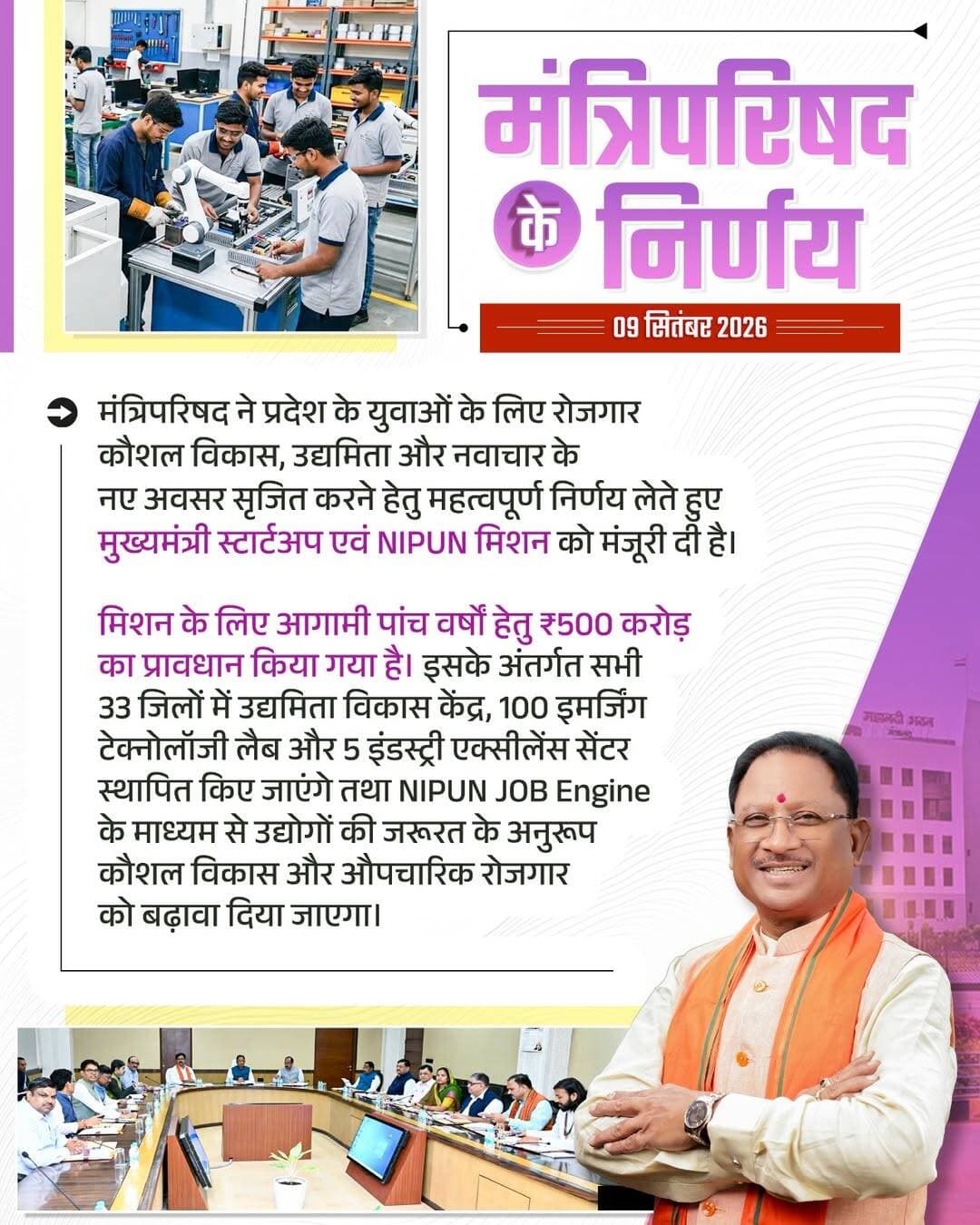 मंत्रिपरिषद ने राज्य को देश के प्रमुख निर्यात केंद्र के रूप में विकसित करने के उद्देश्य से ‘छत्तीसगढ़ निर्यात प्रोत्साहन नीति 2026-30’ को मंजूरी दी है।
नई नीति के माध्यम से प्रदेश में मजबूत निर्यात इकोसिस्टम और लॉजिस्टिक्स इंफ्रास्ट्रक्चर विकसित करने, निर्यातकों को बेहतर बाजार पहुंच एवं व्यापार सुविधाएं उपलब्ध कराने के साथ ही कृषि एवं औद्योगिक क्षेत्रों में मूल्य संवर्धित उत्पादों के निर्यात को बढ़ावा दिया जाएगा।
CMO Chhattisgarh DPR Chhattisgarh Vishnu Deo Sai