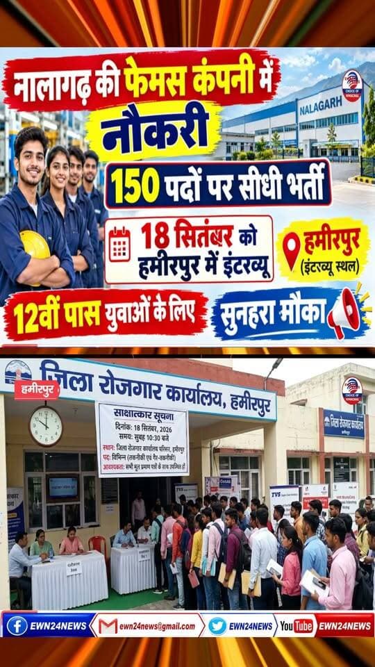 हमीरपुर में इंटरव्यू ..... #JobAlert #HamirpurJobs #TVSJobs #NalagrahJobs #HimachalJobs #WalkInInterview #ewn24news #choiceofhimachal #himachallatestnews #HimachalPradesh