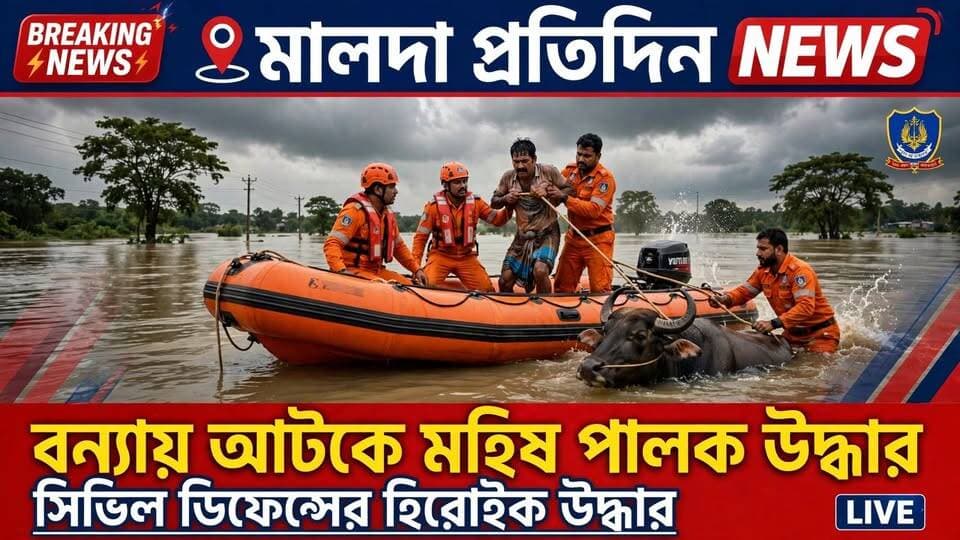 মালদাঃ বিপদের মুখে মানবিকতার উজ্জ্বল দৃষ্টান্ত। বুধবার সকালে ভূতনির কাটা বাঁধের কাছে জলে আটকে পড়া এক অসহায় মহিষ পালকের (মাইষাল) জীবন বাঁচাল সিভিল ডিফেন্স টিম। প্রতিকূল পরিস্থিতিতে তাঁদের এমন সাহসিকতা ও দায়িত্বশীলতাকে অন্তরের অন্তস্তল থেকে জানাই সশ্রদ্ধ কুর্নিশ ও স্যালুট