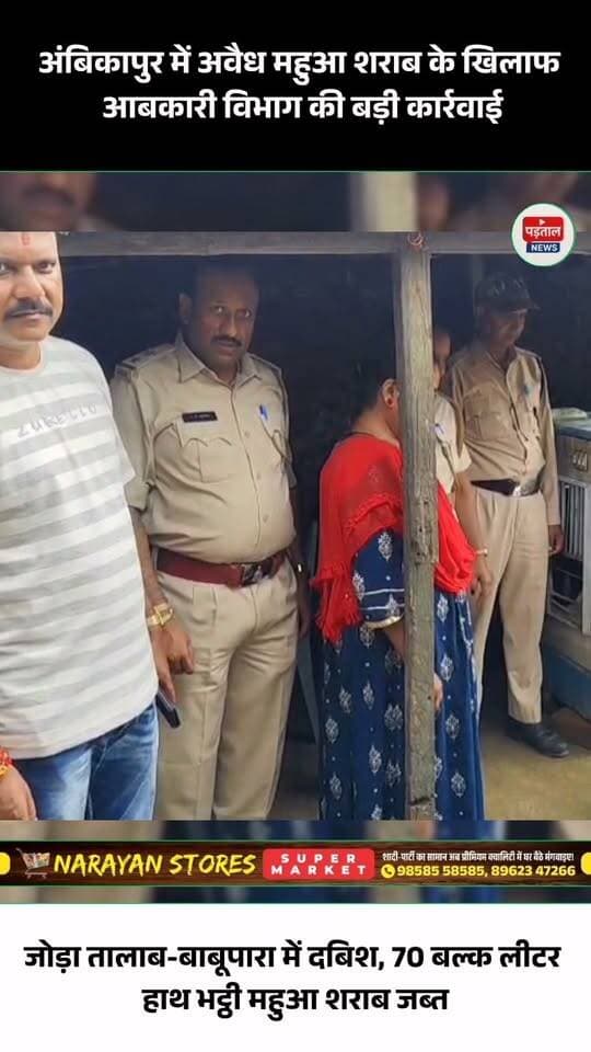अवैध महुआ शराब के खिलाफ आबकारी विभाग ने बड़ी कार्रवाई की है। अंबिकापुर शहर के जोड़ा तालाब-बाबूपारा इलाके में आबकारी उड़नदस्ता टीम ने दबिश देकर 70 बल्क लीटर हाथ भट्ठी महुआ शराब बरामद की है।
कार्रवाई के दौरान बबली श्रीवास्तव के कब्जे से भारी मात्रा में महुआ शराब जब्त की गई। मामले में आरोपी महिला के खिलाफ धारा 34(1)(क), 34(2) एवं 59(क) के तहत कार्रवाई की गई है।
सहायक जिला आबकारी अधिकारी शीला बड़ा के नेतृत्व में हुई इस कार्रवाई में आबकारी उप निरीक्षक अनिल कुमार गुप्ता समेत विभाग की टीम मौजूद रही। अवैध शराब के कारोबार पर विभाग की कार्रवाई से इलाके में हड़कंप मचा हुआ है।
#Ambikapur #Surguja #ExciseDepartment
