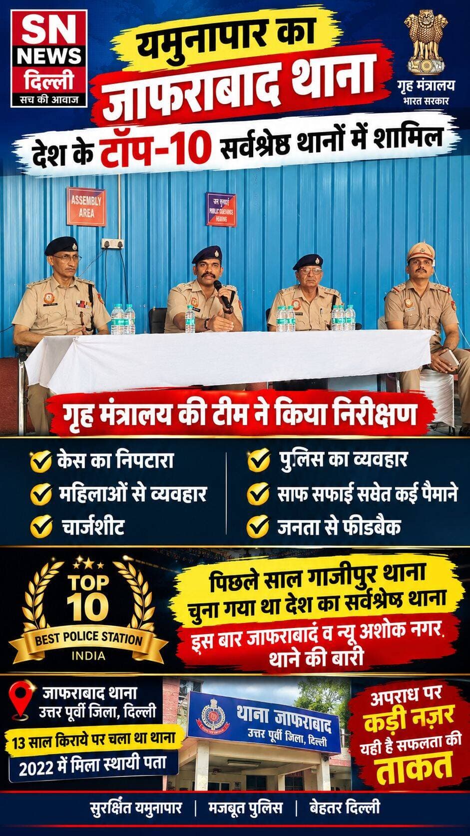 यमुनापार के जाफराबाद और न्यू अशोक नगर थाने देश के टॉप-10 थानों में शामिल
गृहमंत्रालय की टीम ने किया निरीक्षण, अपराध नियंत्रण से लेकर जनसुनवाई और पुलिस व्यवहार तक परखी कार्यप्रणाली
नई दिल्ली। यमुनापार को अक्सर अपराध के लिहाज से चुनौतीपूर्ण क्षेत्र के तौर पर देखा जाता है, लेकिन इसी इलाके की पुलिस अब देशभर में अपनी कार्यप्रणाली और उपलब्धियों के लिए पहचान बना रही है। केंद्रीय गृह मंत्रालय की ओर से देश के सर्वश्रेष्ठ पुलिस थानों के चयन के लिए तैयार की गई सूची में उत्तर-पूर्वी दिल्ली का जाफराबाद थाना और पूर्वी दिल्ली का न्यू अशोक नगर थाना टॉप-10 में शामिल किए गए हैं।
सर्वश्रेष्ठ थानों के चयन के लिए गृह मंत्रालय की टीम ने दोनों थानों का विस्तृत निरीक्षण किया। इस दौरान थानों में दर्ज मामलों, मामलों के निस्तारण की गति, चार्जशीट दाखिल करने की प्रक्रिया, शिकायतों पर कार्रवाई, आम लोगों के साथ पुलिस के व्यवहार, महिलाओं के प्रति पुलिस के रवैये, साफ-सफाई और पुलिस की कार्यप्रणाली सहित विभिन्न मानकों की बारीकी से जांच की गई। इन तमाम मानकों पर बेहतर प्रदर्शन के बाद दोनों थानों को देश के टॉप-10 थानों में जगह मिली है।
पिछले वर्ष पूर्वी दिल्ली का गाजीपुर थाना देश का सर्वश्रेष्ठ थाना चुना गया था। ऐसे में इस बार जाफराबाद और न्यू अशोक नगर थाने के टॉप-10 में पहुंचने से दिल्ली पुलिस की कार्यप्रणाली को लेकर उम्मीदें और मजबूत हुई हैं।
डीसीपी राहुल अलवाल ने बढ़ाया पुलिसकर्मियों का हौसला
बुधवार को उत्तर-पूर्वी जिले के डीसीपी राहुल अलवाल जाफराबाद थाने पहुंचे। उन्होंने थाने की कार्यप्रणाली का जायजा लेने के साथ थाना प्रभारी, एसीपी तनवीर अशरफ और पुलिसकर्मियों का उत्साह बढ़ाया।
डीसीपी ने पुलिसकर्मियों की मेहनत की सराहना करते हुए कहा कि किसी भी थाने को सर्वश्रेष्ठ बनाने में वहां तैनात पुलिसकर्मियों की मेहनत, अनुशासन और जनता के प्रति जिम्मेदारी सबसे महत्वपूर्ण भूमिका निभाती है। उन्होंने पुलिस टीम को इसी तरह बेहतर कार्य करते रहने के लिए प्रेरित किया।
13 साल किराये के भवन में चला जाफराबाद थाना, अब बदली तस्वीर
जाफराबाद थाना वर्ष 2009 में अस्तित्व में आया था। करीब 13 वर्षों तक थाना जाफराबाद रोड स्थित एक छोटे से किराये के मकान में संचालित होता रहा। वर्ष 2022 में इसे यमुना विहार स्थित डीडीए के भवन में स्थानांतरित किया गया और थाना को अपना स्थायी भवन मिला।
कभी गैंगवार और गंभीर आपराधिक घटनाओं के लिए चर्चा में रहने वाला जाफराबाद थाना अब अपराध नियंत्रण की अपनी रणनीति के कारण नई पहचान बना रहा है।
पुलिस के अनुसार, इलाके में सक्रिय गैंगस्टरों और नाबालिग अपराधियों पर लगातार नजर रखी जा रही है। पुलिस टीम अपराधियों की गतिविधियों की जानकारी जुटाने के साथ उनके ठिकानों पर लगातार निगरानी और संपर्क बनाए रखती है।
अपराध रोकने के लिए बदली रणनीति
एसीपी तनवीर अशरफ के अनुसार, अपराध नियंत्रण के लिए पुलिस की मौजूदगी केवल थाने तक सीमित नहीं रहनी चाहिए। पुलिसकर्मी सुबह और शाम क्षेत्र में कई घंटे सक्रिय रूप से गश्त और निगरानी करते हैं। गैंगस्टरों की गतिविधियों पर नजर रखने के लिए उनके घरों और संभावित ठिकानों पर नियमित रूप से दस्तक दी जाती है। नाबालिग अपराधियों को भी लगातार निगरानी में रखा जा रहा है।
पुलिस की इसी रणनीति का असर क्षेत्र में गंभीर अपराधों पर दिखाई दे रहा है। पिछले एक वर्ष में जाफराबाद थाना क्षेत्र में हत्या की एक वारदात सामने आई है, जबकि पुलिस का दावा है कि गैंगवार और जघन्य अपराधों पर प्रभावी तरीके से अंकुश लगाने में सफलता मिली है।
पुलिसकर्मियों की मेहनत से बदल रही पहचान
जाफराबाद थाना लंबे समय तक अपराध और गैंगवार के कारण सुर्खियों में रहा, लेकिन अब पुलिस की सक्रियता, अपराधियों पर निगरानी और जनता के साथ बेहतर समन्वय के कारण इसकी तस्वीर बदलती नजर आ रही है।
गृह मंत्रालय की टॉप-10 सूची में जाफराबाद और न्यू अशोक नगर थाने का शामिल होना दिल्ली पुलिस के लिए महत्वपूर्ण उपलब्धि है। अब निगाहें अंतिम चयन पर हैं। उम्मीद है कि यमुनापार के ये दोनों थाने देश के सर्वश्रेष्ठ थानों की अंतिम सूची में दिल्ली पुलिस का गौरव और बढ़ाएंगे।