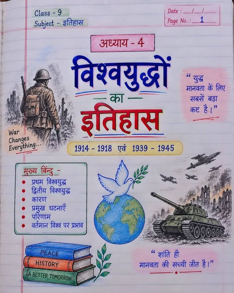 📚 कक्षा 9 इतिहास | अध्याय 4 – विश्व युद्धों का इतिहास
🌍 युद्धों ने दुनिया का नक्शा ही बदल दिया!
📝 NCERT आधारित • Exam Oriented Notes
👉 पोस्ट को Save करें और अपने दोस्तों के साथ Share करें।
❤️ ऐसे ही महत्वपूर्ण नोट्स के लिए Follow जरूर करें।
🏷️ Hashtags
#Class9History #HistoryNotes #NCERTNotes #Class9Notes #WorldWars विश्वयुद्ध इतिहास ExamPreparation SSCPreparation PPSC StudyNotes