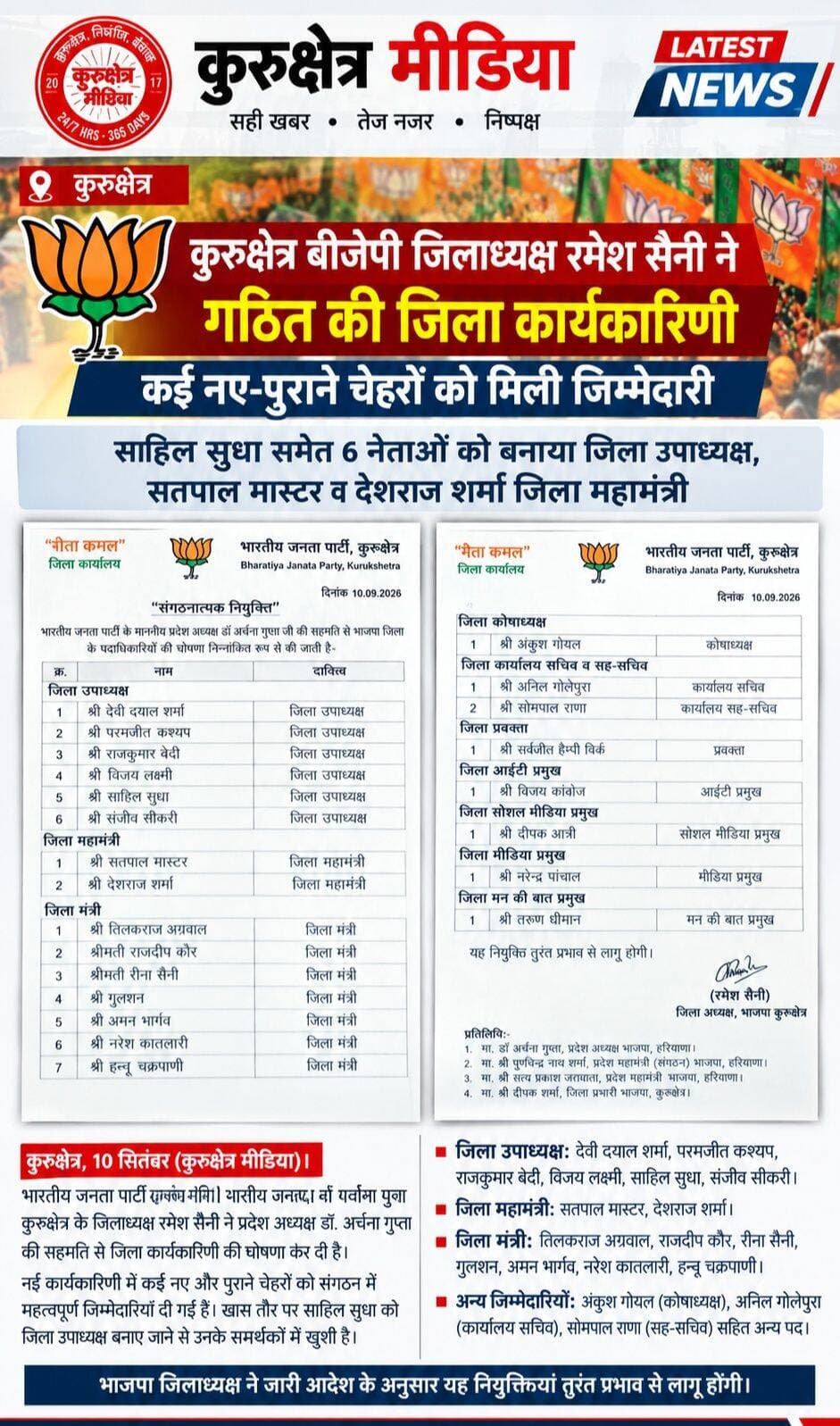 कुरुक्षेत्र बीजेपी की नई कार्यकारिणी का हुआ ऐलान, पूर्व मंत्री सुभाष सुधा के बेटे साहिल सुधा की जिला टीम में एंट्री, वाइस प्रेजिडेंट बने, संजीव सीकरी समेत कई चेहरे शामिल, सतपाल रोड बने महामंत्री