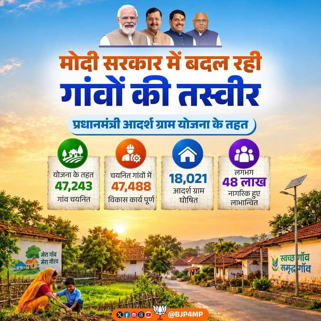 मोदी सरकार गांवों के समग्र विकास के लिए प्रतिबद्ध है।
इसी दिशा में प्रधानमंत्री आदर्श ग्राम योजना से गांवों में बुनियादी सुविधाएं मजबूत हुई हैं और लाखों नागरिकों के जीवन में खुशहाली व विकास का नया सूर्योदय हुआ है।
Dr Mohan Yadav BJP Madhya Pradesh Bharatiya Janata Party (BJP) Bhuppendra Siingh BJP SC Morcha Madhya Pradesh
