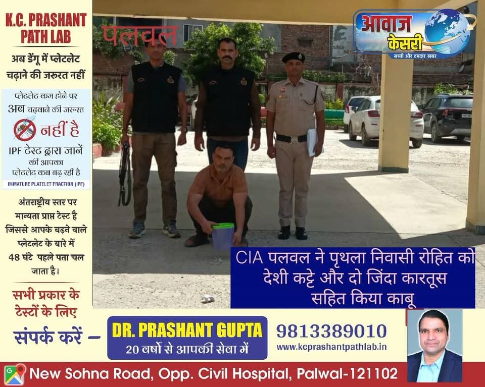 पलवल सीआईए से प्राप्त जानकारी के अनुसार उनकी टीम ने मनोज के नेतृत्व में गुप्त सूचना के आधार पर पृथला गांव निवासी रोहित नाम के युवक को एक देसी पिस्तौल और दो जनता कारतूस के साथ काबू कर अदालत में पेश किया है।