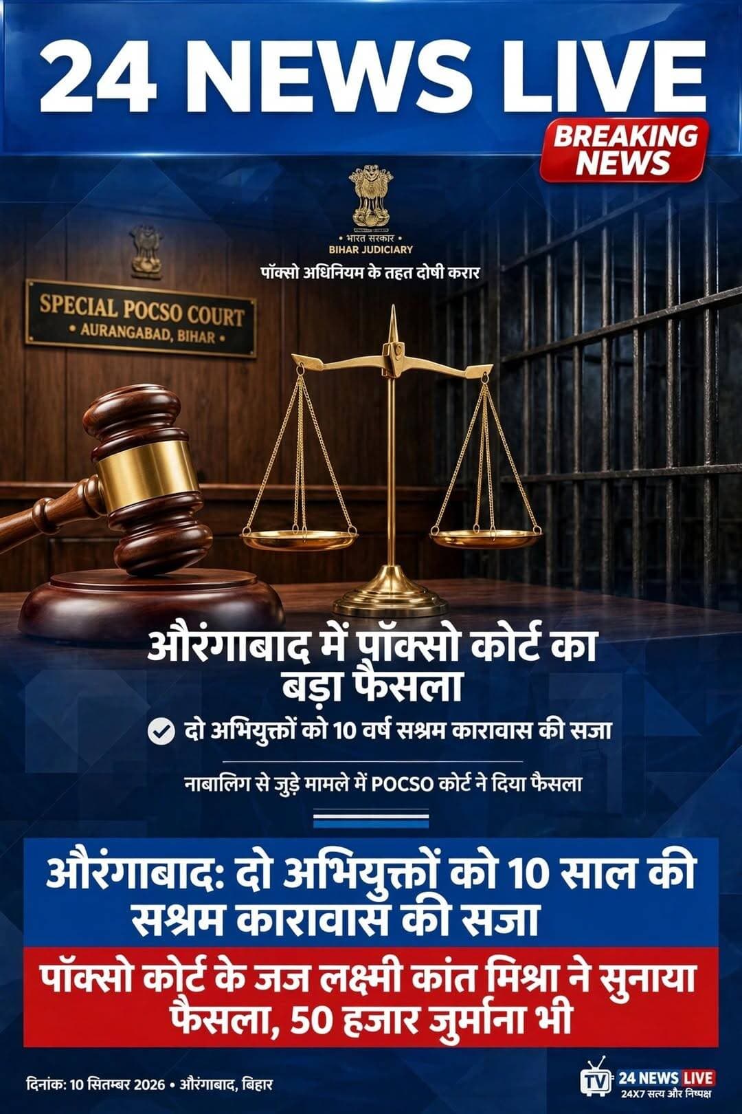 औरंगाबाद में POCSO कोर्ट का बड़ा फैसला: दो अभियुक्तों को 10 साल सश्रम कारावास, 51 हजार जुर्माना।
औरंगाबाद। व्यवहार न्यायालय औरंगाबाद के स्पेशल पॉक्सो कोर्ट के न्यायाधीश लक्ष्मी कांत मिश्रा ने आज सजा के बिंदु पर सुनवाई करते हुए दो अभियुक्तों को सश्रम कारावास की सजा सुनाई।
यह मामला GR No.-63/20, कासमा थाना कांड संख्या-10/20 से जुड़ा है। स्पेशल पीपी शिवलाल मेहता ने बताया कि अभियुक्त सरजू भुइयां और प्रवेश भुइयां, पिता टोला बलजोरी बिगहा, कासमा के रहने वाले हैं।
*कोर्ट ने सुनाई ये सजा:*
- भादवि धारा 304 में 10 साल सश्रम कारावास + ₹30,000 जुर्माना
- धारा 323 में 1 साल की सजा + ₹1,000 जुर्माना
- अभियुक्त सरजू भुइयां को धारा 354 में अतिरिक्त 3 साल की सजा + ₹20,000 जुर्माना
अभियोजन की ओर से 09 गवाहों की गवाही हुई थी। अधिवक्ता सतीश कुमार स्नेही ने बताया कि नाबालिग पीड़िता के भाई ने 18/02/20 को ही प्राथमिकी दर्ज कराई थी। आरोप था कि पीड़िता जब सुबह शौच के लिए बाहर जा रही थी, तो अभियुक्तों ने उसका दुपट्टा खींच लिया। पीड़िता ने भागकर अपनी इज्जत बचाई और घर आकर घटना की जानकारी दी।
जब सूचक परिवार के अन्य सदस्यों के साथ अभियुक्तों के घर शिकायत करने गया, तो अभियुक्तों ने लाठी से हमला कर पिता और भाई को बुरी तरह घायल कर दिया, जिसमें एक की इलाज के दौरान मौत हो गई थी।