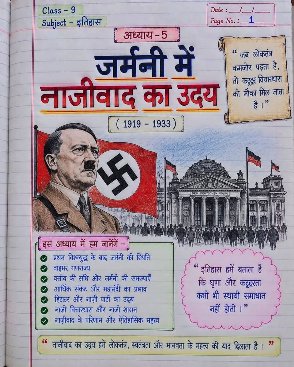 कक्षा 9वीं इतिहास - अध्याय 5: "जर्मनी में नाज़ीवाद का उदय (1919 - 1933)"
अगर आप भी अपने स्कूल प्रोजेक्ट, असाइनमेंट या नोट्स को सबसे अलग और अट्रैक्टिव बनाना चाहते हैं, तो यह कवर पेज डिज़ाइन आपके लिए एकदम बेस्ट है!
✨ इस अध्याय के मुख्य बिंदु:
✔️ प्रथम विश्वयुद्ध के बाद जर्मनी की स्थिति
✔️ वाइमर गणराज्य एवं वर्साय की संधि
✔️ हिटलर और नाज़ी पार्टी का उदय
✔️ नाज़ी विचारधारा और उसके परिणाम
Handwriting और Drawing कैसी लगी? कमेंट में 1 से 10 में रेटिंग ज़रूर दें! 💬
अगर वीडियो पसंद आए तो Like, Share और Follow/Subscribe करना न भूलें। 🔔❤️
#HistoryNotes #Class9History #ProjectWork #Handwriting #Drawing Nazism Hitler StudyInspiration CreativeNotes