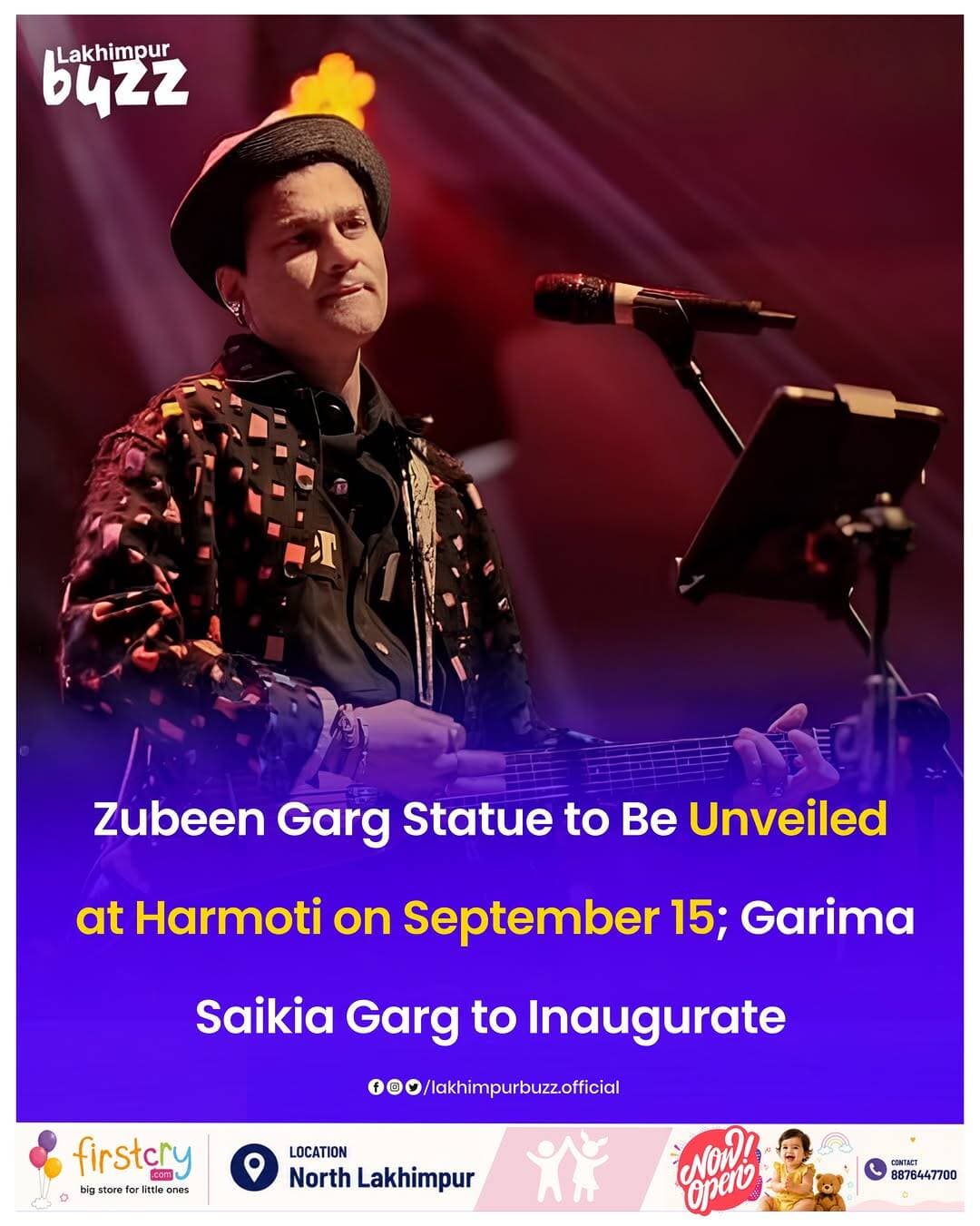 <nis:link nis:type=tag nis:id=news nis:value=News nis:enabled=true nis:link/> || The Harmoti Anchalik Juwak Sangha, in association with the people of Harmoti, will organise a special memorial tribute programme dedicated to legendary Assamese singer Zubeen Garg.
As part of the programme, a statue of Zubeen Garg will be unveiled at the Harmoti Anchalik Namghar premises on September 15, 2026.
Garima Saikia Garg will attend the programme as the inaugurator, as the people of Harmoti come together to honour the iconic artist and remember his immense contribution to Assamese music and culture.
.
.
.
<nis:link nis:type=tag nis:id=lakhimpurbuzz nis:value=lakhimpurbuzz nis:enabled=true nis:link/> <nis:link nis:type=tag nis:id=zg nis:value=zg nis:enabled=true nis:link/> <nis:link nis:type=tag nis:id=zubeengarg nis:value=zubeengarg nis:enabled=true nis:link/>