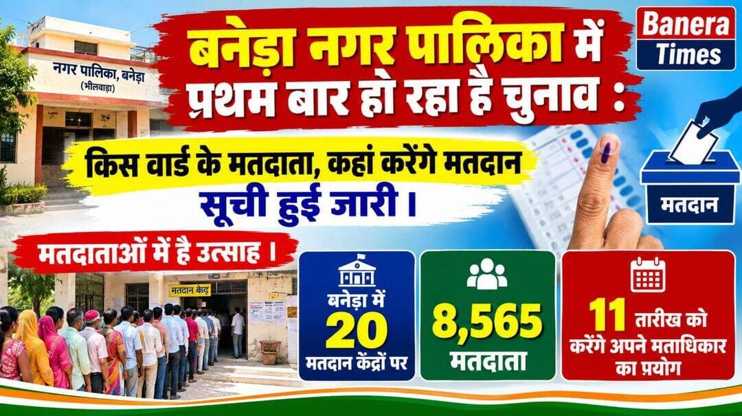 बनेड़ा नगर पालिका में प्रथम बार हो रहा है चुनाव : किस वार्ड के मतदाता, कहां करेंगे मतदान ?
मतदाताओं में है उत्साह ।
20 मतदान केंद्रों पर 8,565 मतदाता 11 तारीख को करेंगे अपने मताधिकार का प्रयोग
https://whatsapp.com/channel/0029VaBZ066Gk1Fqr5gZp72X/2556
Banera Times