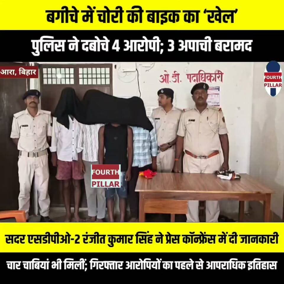 बगीचे में चोरी की बाइक का ‘खेल’, पुलिस ने दबोचे 4 आरोपी; 3 अपाची बरामद
सदर एसडीपीओ-2 रंजीत कुमार सिंह ने प्रेस कॉन्फ्रेंस में दी जानकारी, चार चाबियां भी मिलीं; गिरफ्तार आरोपियों का पहले से आपराधिक इतिहास