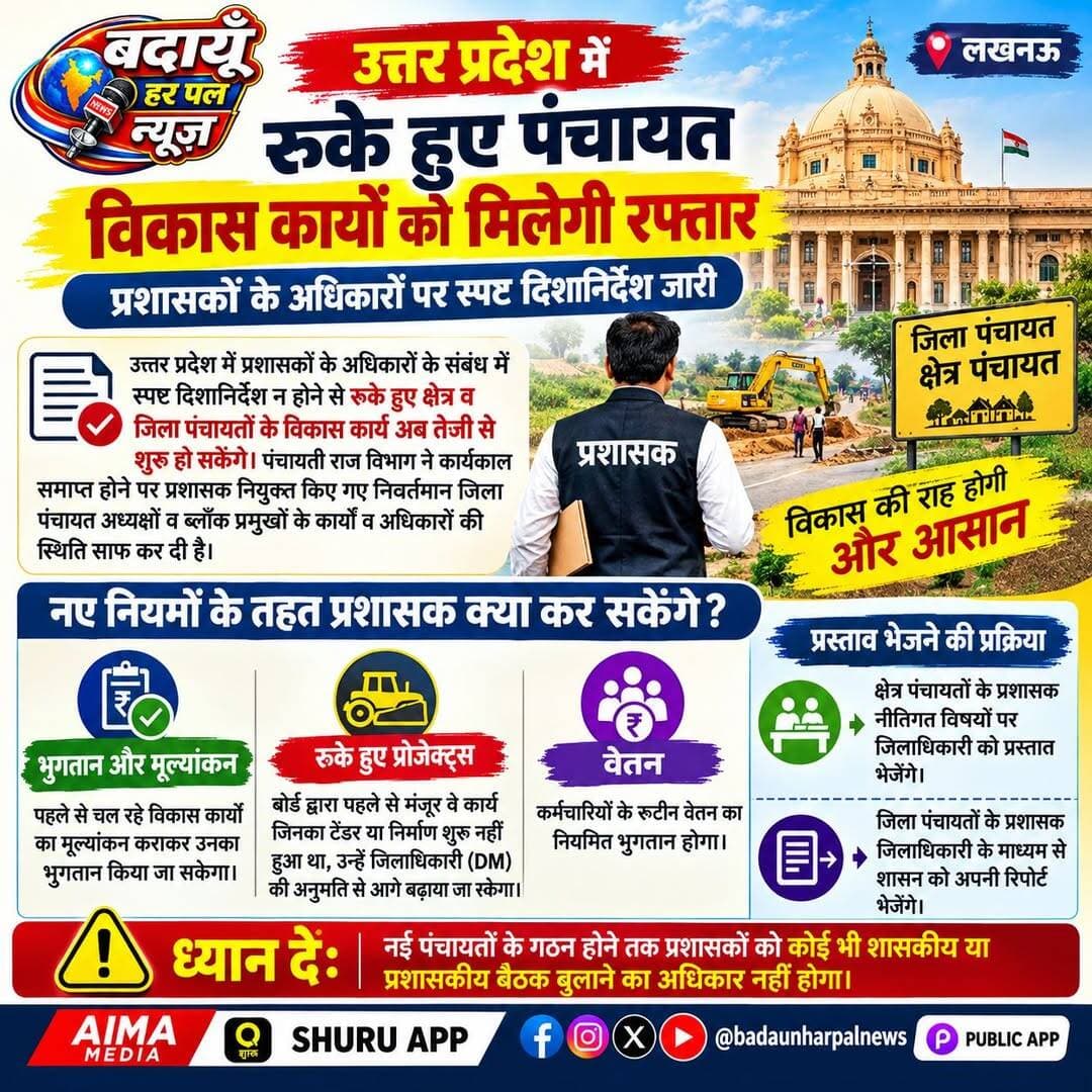 लखनऊ: उत्तर प्रदेश में प्रशासकों के अधिकारों के संबंध में स्पष्ट दिशानिर्देश न होने से रुके हुए क्षेत्र व जिला पंचायतों के विकास कार्य अब तेजी से शुरू हो सकेंगे।
पंचायती राज विभाग ने कार्यकाल समाप्त होने पर प्रशासक नियुक्त किए गए निवर्तमान जिला पंचायत अध्यक्षों व ब्लॉक प्रमुखों के कार्यों व अधिकारों की स्थिति साफ कर दी है।
▪️नए नियमों के तहत प्रशासक क्या कर सकेंगे?
भुगतान और मूल्यांकन: पहले से चल रहे विकास कार्यों का मूल्यांकन कराकर उनका भुगतान किया जा सकेगा।
रुके हुए प्रोजेक्ट्स: बोर्ड द्वारा पहले से मंजूर वे कार्य जिनका टेंडर या निर्माण शुरू नहीं हुआ था, उन्हें जिलाधिकारी (DM) की अनुमति से आगे बढ़ाया जा सकेगा।
वेतन: कर्मचारियों के रूटीन वेतन का नियमित भुगतान होगा।
प्रस्ताव भेजने की प्रक्रिया:नीतिगत विषयों पर क्षेत्र पंचायतों के प्रशासक जिलाधिकारी को प्रस्ताव भेजेंगे, जबकि जिला पंचायतों के प्रशासक जिलाधिकारी के माध्यम से शासन को अपनी रिपोर्ट भेजेंगे।
⚠️ ध्यान दें: नई पंचायतों के गठन होने तक प्रशासकों को कोई भी शासकीय या प्रशासकीय बैठक बुलाने का अधिकार नहीं होगा।
<nis:link nis:type=tag nis:id=badaunharpalnews nis:value=badaunharpalnews nis:enabled=true nis:link/> <nis:link nis:type=tag nis:id=budaunharpal nis:value=budaunharpal nis:enabled=true nis:link/> <nis:link nis:type=tag nis:id=badaunharpal nis:value=badaunharpal nis:enabled=true nis:link/> <nis:link nis:type=tag nis:id=lucknow nis:value=lucknow nis:enabled=true nis:link/> <nis:link nis:type=tag nis:id=panchayat nis:value=Panchayat nis:enabled=true nis:link/> बदायूँ हर पल न्यूज़ @badaunharpalnews