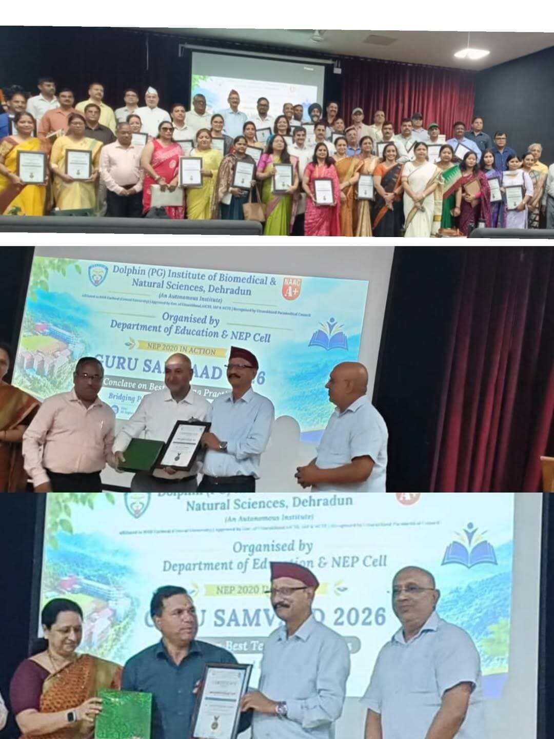 गुरु संवाद कार्यक्रम में हिमाचल-उत्तराखंड के शिक्षकों को मिला सम्मान
=====
शिक्षा में नवाचार और रचनात्मक कौशल को बढ़ावा देने के आशु शर्मा, चत्तर सिंह चौहान तथा अनिता देवी और उत्कृष्ट शैक्षणिक नेतृत्व के लिए अजय शर्मा और जीवन प्रकाश जोशी को किया गया सम्मानित।
डॉल्फिन इंस्टीट्यूट ऑफ बायो मेडिकल एंड नेचुरल साइंसेज महाविद्यालय, सुद्धोवाला, देहरादून में आयोजित गुरु संवाद कार्यक्रम में हिमाचल प्रदेश एवं उत्तराखंड के चयनित 100 से अधिक शिक्षकों को उनके उत्कृष्ट शैक्षणिक योगदान के लिए सम्मानित किया गया। कार्यक्रम का आयोजन संस्थान की 25 वर्षों की निरंतर उपलब्धियों के उपलक्ष्य में रजत जयंती समारोह के अंतर्गत किया गया।
कार्यक्रम में शहीद कमल कान्त मैमोरियल राजकीय वरिष्ठ माध्यमिक विद्यालय कोटड़ी ब्यास के अंग्रेजी प्रवक्ता चत्तर सिंह चौहान तथा हिल व्यू पब्लिक स्कूल, माजरा की वरिष्ठ संकाय सदस्य अनिता देवी को विशिष्ट शिक्षक सम्मान प्रदान किया गया। वहीं हिल व्यू पब्लिक स्कूल माजरा के निदेशक अजय शर्मा, प्रधानाचार्य आशु शर्मा तथा शहीद कमल कान्त मैमोरियल राजकीय वरिष्ठ माध्यमिक विद्यालय कोटड़ी ब्यास के प्रधानाचार्य जीवन प्रकाश जोशी को उत्कृष्ट शैक्षणिक नेतृत्व सम्मान से सम्मानित किया गया।
कार्यक्रम के मुख्य अतिथि उत्तराखंड उच्च शिक्षा निदेशक कुलदीप गैरोला रहे, जबकि राष्ट्रीय शैक्षिक अनुसंधान और प्रशिक्षण परिषद (NCERT), नई दिल्ली के सदस्य गगन गुप्ता ने कार्यक्रम की अध्यक्षता की। इस अवसर पर डॉल्फिन संस्थान के महाप्रबंधक आशीष गुप्ता, डॉल्फिन महाविद्यालय की प्राचार्या शैलजा पंत सहित अनेक शिक्षाविद, संकाय सदस्य एवं शिक्षक उपस्थित रहे।
कार्यक्रम के आरंभ में महाविद्यालय की प्राचार्या शैलजा पंत ने सभी अतिथियों एवं प्रतिभागी शिक्षकों का स्वागत एवं अभिनंदन किया। मुख्य अतिथि कुलदीप गैरोला ने राष्ट्रीय शिक्षा नीति-2020 के विभिन्न पहलुओं पर विस्तार से विचार रखते हुए बदलते शैक्षणिक परिवेश के अनुरूप शिक्षा व्यवस्था में आवश्यक बदलावों पर प्रकाश डाला। कार्यक्रम अध्यक्ष गगन गुप्ता ने शिक्षा में नवाचार की आवश्यकता पर अपने विचार प्रस्तुत किए और शिक्षकों से विद्यार्थियों में रचनात्मक एवं नवाचारी सोच विकसित करने का आह्वान किया।
कार्यक्रम का प्रमुख आकर्षण राष्ट्रीय शिक्षा नीति-2020 के संदर्भ में गुरु संवाद एवं पैनल चर्चा रही। शिक्षकों द्वारा शिक्षा के क्षेत्र में आ रही व्यावहारिक समस्याओं एवं चुनौतियों से संबंधित प्रश्न पूछे गए। इन प्रश्नों का उत्तर छह सदस्यीय पैनल ने दिया। पैनल में हिल व्यू पब्लिक स्कूल माजरा के निदेशक अजय शर्मा, विद्या भारती के अंतर्गत सरस्वती विद्या मंदिर मसूरी के प्रधानाचार्य श्री मनोज रियाल,एनसीईआरटी के सदस्य गगन गुप्ता, उत्तराखंड उच्च शिक्षा निदेशक कुलदीप गैरोला, डूंगा पब्लिक स्कूल के प्रधानाचार्य तथा शहीद कमल कान्त मैमोरियल राजकीय वरिष्ठ माध्यमिक विद्यालय कोटड़ी ब्यास के प्रधानाचार्य जीवन प्रकाश जोशी शामिल रहे।
पैनल चर्चा के दौरान नई शिक्षा नीति के प्रभावी क्रियान्वयन, शिक्षण-पद्धति में बदलाव, विद्यालयी स्तर पर आने वाली व्यावहारिक चुनौतियों, नवाचार तथा विद्यार्थियों में रचनात्मक कौशल के विकास जैसे महत्वपूर्ण विषयों पर सार्थक संवाद हुआ। शिक्षकों ने भी अपने अनुभव एवं समस्याएं साझा की।
कार्यक्रम के समापन अवसर पर डॉल्फिन संस्थान के महाप्रबंधक आशीष गुप्ता ने सभी अतिथियों, शिक्षकों एवं प्रतिभागियों का आभार व्यक्त किया। उन्होंने शिक्षकों से शिक्षा के क्षेत्र में निरंतर नवाचार अपनाने तथा विद्यार्थियों को रचनात्मक कौशल विकसित करने के लिए प्रेरित करने का आह्वान किया।
गुरु संवाद कार्यक्रम ने शिक्षकों को एक-दूसरे के अनुभवों से सीखने, शैक्षणिक नवाचारों पर विचार-विमर्श करने तथा राष्ट्रीय शिक्षा नीति-2020 को विद्यालयी स्तर पर प्रभावी रूप से लागू करने के लिए नए दृष्टिकोण तलाशने का महत्वपूर्ण मंच प्रदान किया।