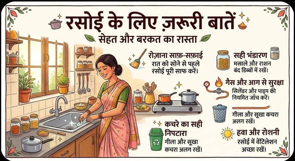 रसोई घर का वह महत्वपूर्ण स्थान है जहाँ से पूरे परिवार की सेहत और खुशहाली जुड़ी होती है। यहाँ रसोई के रखरखाव, स्वच्छता और व्यवस्था के लिए एक सुंदर और उपयोगी सोशल मीडिया पोस्ट तैयार है:
✨ रसोई में रखें इन बातों का खास ध्यान, सेहत और बरकत दोनों रहेंगे साथ! 🍳🥗
रसोई सिर्फ खाना बनाने की जगह नहीं, बल्कि हमारे घर की खुशहाली की नींव है। अगर आपकी रसोई साफ़, व्यवस्थित और सकारात्मक रहेगी, तो सेहत भी अच्छी रहेगी और घर में बरकत भी बनी रहेगी।
आइए जानते हैं रसोई में ध्यान रखने योग्य कुछ ज़रूरी बातें:
🧹 1. स्वच्छता सबसे पहले (Cleanliness First)
खाना बनाने से पहले और बाद में प्लेटफॉर्म (Countertop) और सिंक को अच्छे से साफ़ करें।
इस्तेमाल किए गए बर्तनों को ज़्यादा देर तक सिंक में न छोड़ें।
रात को सोने से पहले रसोई पूरी तरह साफ़ करके सोएं।
🌶️ 2. सही भंडारण और रखरखाव (Smart Storage)
मसालों और खाद्य पदार्थों को हवा बंद (Air-tight) डिब्बों में रखें ताकि वे नमी से ख़राब न हों।
पुराना सामान पहले और नया सामान बाद में इस्तेमाल करने की आदत डालें (FIFO नियम)।
फ्रिज की हफ़्ते में एक बार सफ़ाई ज़रूर करें और बासी खाने को ज़्यादा दिन न रखें।
🔥 3. सुरक्षा के नियम (Safety Precautions)
गैस पाइप और सिलेंडर की नियमित जाँच करें।
रसोई में हमेशा ढीले कपड़ों से बचें और सूती (Cotton) कपड़ों का उपयोग करें।
चाकू, कटर और गर्म बर्तनों को बच्चों की पहुँच से दूर रखें।
🌿 4. वास्तु और सकारात्मक ऊर्जा (Vastu & Positive Energy)
जहाँ तक संभव हो, खाना बनाते समय आपका मुँह पूर्व (East) दिशा की ओर होना चाहिए।
रसोई में जूते-चप्पल पहनकर जाने से बचें।
रसोई को कभी भी पूरी तरह अंधेरे में न रखें; उजाला और वेंटिलेशन (हवा का आवागमन) अच्छा होना चाहिए।
👨🍳 5. स्वच्छता से खाना बनाएं (Hygiene & Health)
खाना बनाने से पहले हाथों को साबुन से अच्छी तरह धोएं।
गीले और सूखे कचरे को अलग-अलग डस्टबिन में रखें और डस्टबिन को हमेशा ढककर रखें।
💡 याद रखें: स्वस्थ शरीर की शुरुआत एक साफ़ और सात्विक रसोई से ही होती है!
अगर आपको यह जानकारी उपयोगी लगी, तो इसे अपने दोस्तों और परिवार के साथ Share ज़रूर करें! ❤️👇
<nis:link nis:type=tag nis:id=kitchentips nis:value=KitchenTips nis:enabled=true nis:link/> <nis:link nis:type=tag nis:id=homecare nis:value=HomeCare nis:enabled=true nis:link/> <nis:link nis:type=tag nis:id=healthyliving nis:value=HealthyLiving nis:enabled=true nis:link/> <nis:link nis:type=tag nis:id=kitchenhacks nis:value=KitchenHacks nis:enabled=true nis:link/> <nis:link nis:type=tag nis:id=cleankitchen nis:value=CleanKitchen nis:enabled=true nis:link/> <nis:link nis:type=tag nis:id=vastutips nis:value=VastuTips nis:enabled=true nis:link/> <nis:link nis:type=tag nis:id=healthylifestyle nis:value=HealthyLifestyle nis:enabled=true nis:link/>