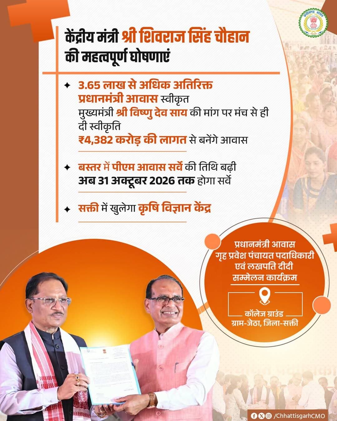 केंद्रीय ग्रामीण विकास, कृषि एवं किसान कल्याण मंत्री श्री शिवराज सिंह चौहान ने की महत्वपूर्ण घोषणाएं।
प्रधानमंत्री आवास गृह प्रवेश, पंचायत पदाधिकारी एवं लखपति दीदी सम्मेलन कार्यक्रम
📍कॉलेज ग्राउंड, ग्राम-जेठा, जिला-सक्ती
<nis:link nis:type=tag nis:id=vishnudeosai nis:value=VishnuDeoSai nis:enabled=true nis:link/> <nis:link nis:type=tag nis:id=shivrajsinghchouhan nis:value=ShivrajSinghChouhan nis:enabled=true nis:link/> <nis:link nis:type=tag nis:id=sushasansarkar nis:value=Sushasansarkar nis:enabled=true nis:link/> <nis:link nis:type=tag nis:id=chhattisgarh nis:value=Chhattisgarh nis:enabled=true nis:link/> <nis:link nis:type=tag nis:id=development nis:value=Development nis:enabled=true nis:link/>
