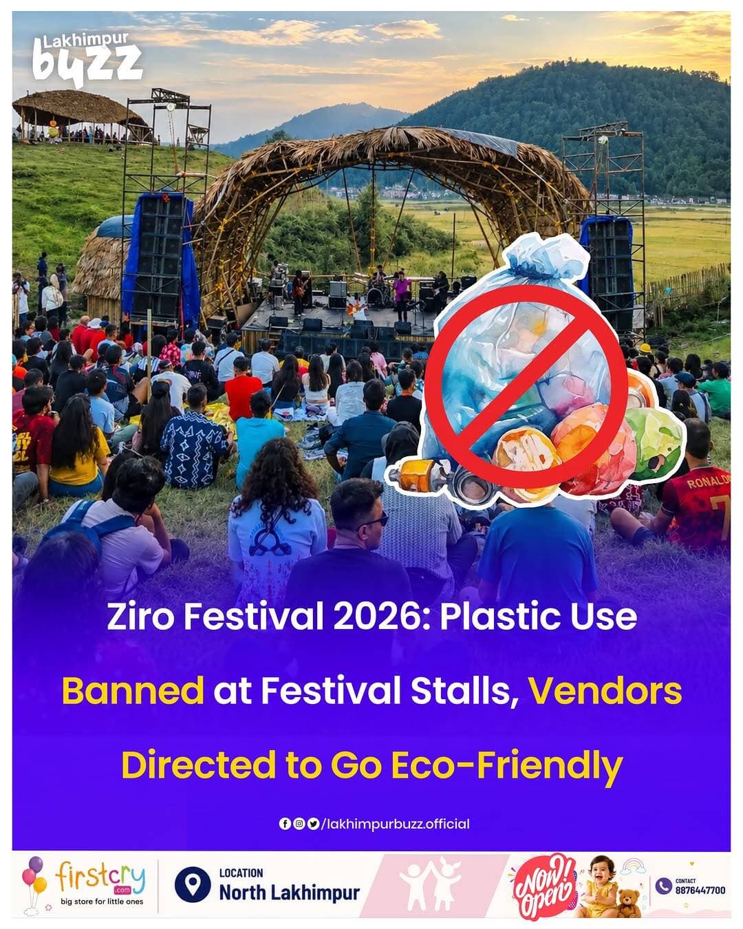 <nis:link nis:type=tag nis:id=news nis:value=News nis:enabled=true nis:link/> || The Lower Subansiri District administration has issued an order restricting the use of ordinary plastic and polythene at the upcoming Ziro Festival of Music 2026.
The festival is scheduled to be held at Pechi Put, Ziro, from September 24 to 27, 2026.
As part of efforts to maintain environmental cleanliness, reduce plastic waste and promote sustainable practices, the administration has directed the Ziro Festival Organising Committee and all vendors to strictly follow the guidelines.
According to the order, vendors have been directed not to use ordinary plastic or polythene roofing in place of CGI sheets or tarpaulins for stalls and vendor sheds.
The use of plastic glasses, plates and other similar plastic items has also been prohibited at the festival.
All vendors have been instructed to use eco-friendly and biodegradable alternatives throughout the festival period.
The order was issued by Oli Perme, APCS (AG), Deputy Commissioner, Lower Subansiri District, Ziro, on September 8, 2026.
.
.
.
.
.
<nis:link nis:type=tag nis:id=lakhimpurbuzz nis:value=lakhimpurbuzz nis:enabled=true nis:link/> <nis:link nis:type=tag nis:id=ziro nis:value=ziro nis:enabled=true nis:link/> <nis:link nis:type=tag nis:id=zirofestivalofmusic nis:value=zirofestivalofmusic nis:enabled=true nis:link/>