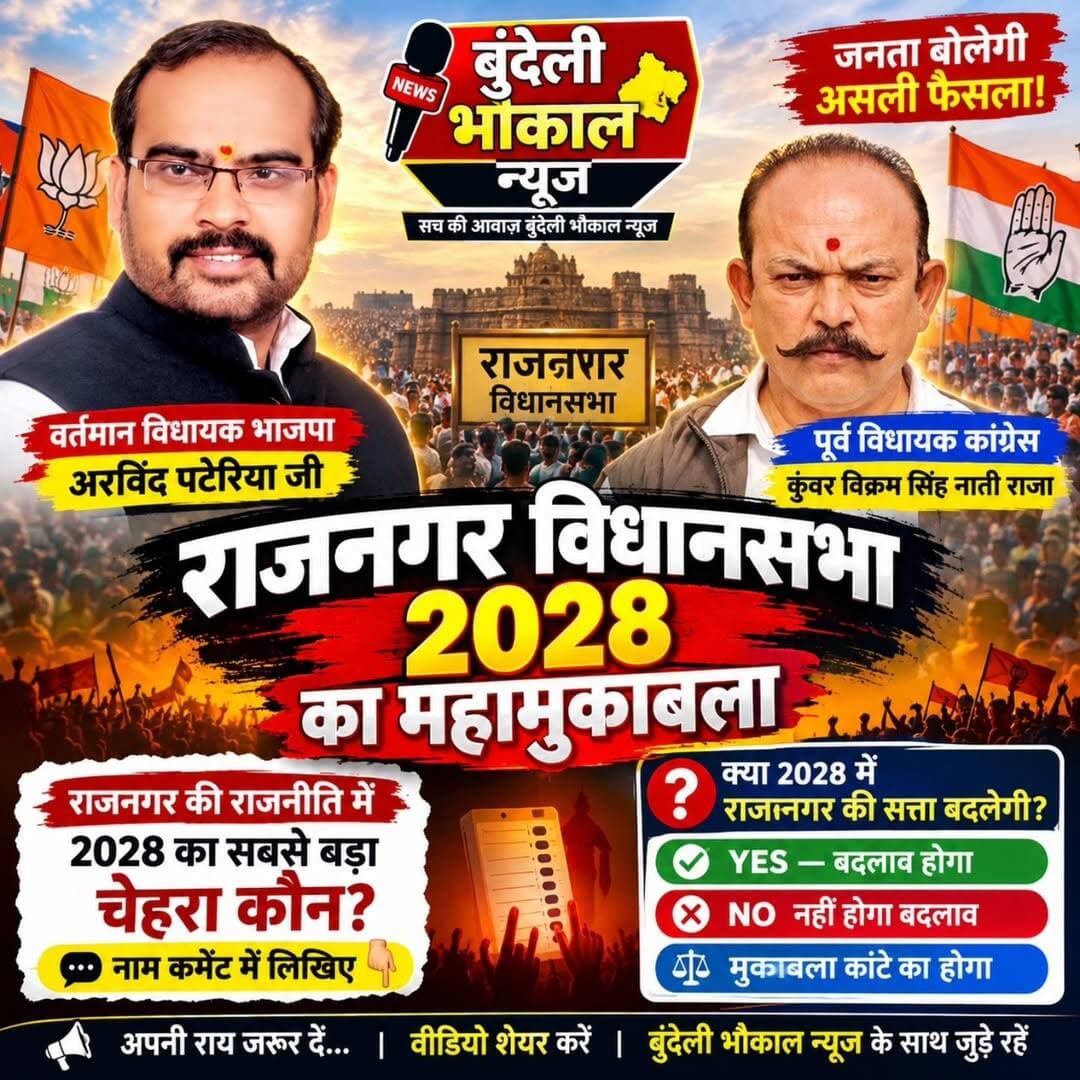 राजनगर विधानसभा 2028 का महामुकाबला! कौन बनेगा जनता की पहली पसंद?
राजनगर की राजनीति में 2028 का सबसे बड़ा सवाल!
क्या वर्तमान विधायक अरविंद पटेरिया फिर बनाएंगे पकड़, या पूर्व विधायक कुंवर विक्रम सिंह नाती राजा की होगी वापसी?
🗳️ आपके हिसाब से 2028 में राजनगर की सत्ता बदलेगी?
🟢 YES — बदलाव होगा
🔴 NO — बदलाव नहीं होगा
🔵 मुकाबला कांटे का होगा
👇 आपकी नजर में 2028 का सबसे बड़ा चेहरा कौन है? नाम कमेंट में लिखिए।
बुंदेली भौकाल न्यूज़ | राजनगर की जनता की आवाज़
नोट: यह जनमत/ओपिनियन पोल है, चुनाव परिणाम का पूर्वानुमान नहीं।
<nis:link nis:type=tag nis:id=राजनगर nis:value=राजनगर nis:enabled=true nis:link/> <nis:link nis:type=tag nis:id=राजनगरविधानसभा nis:value=राजनगरविधानसभा nis:enabled=true nis:link/> <nis:link nis:type=tag nis:id=rajnagar nis:value=Rajnagar nis:enabled=true nis:link/> <nis:link nis:type=tag nis:id=mppolitics nis:value=MPPolitics nis:enabled=true nis:link/> <nis:link nis:type=tag nis:id=2028election nis:value=2028Election nis:enabled=true nis:link/> बुंदेलीभौकालन्यूज़