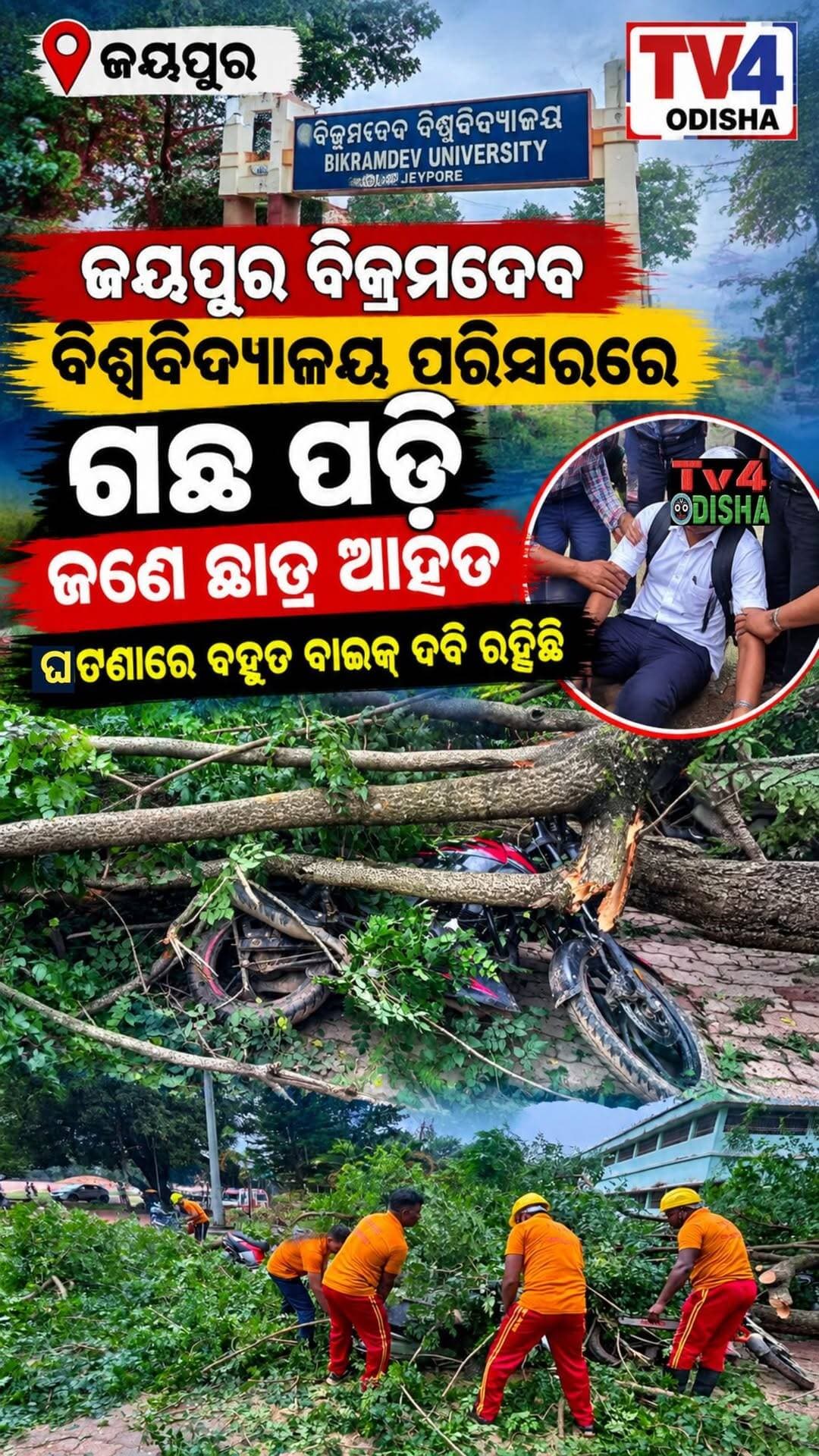 ଜୟପୁର ବିକ୍ରମ ଦେବ ବିଶ୍ବବିଦ୍ୟାଳୟ ପରିସରରେ ଅଘଟଣ। ବିରାଟକାୟ ଗଛ ପଡ଼ି ଜଣେ ଛାତ୍ର ଆହତ ଏବଂ ଗଛ ତଳେ ବହୁ ବାଇକ୍ ଦବି ରହିଛି। ଆହତ ଛାତ୍ରଙ୍କୁ ପ୍ରଥମେ ଜିଲ୍ଲା ମୁଖ୍ୟ ଚିକିତ୍ସାଳୟ ଜୟପୁର ପରେ ସ୍ଥାନିୟ ଘରୋଇ ହସ୍ପିଟାଲରେ ତାଙ୍କୁ ଭର୍ତ୍ତି କରାଯାଇଥିବା ବେଳେ ତାଙ୍କ ସ୍ବାସ୍ଥ୍ୟବସ୍ଥା ଗୁରୁତର ହେବାରୁ ତାଙ୍କୁ ବିଶାଖାପାଟଣା ସ୍ଥାନାନ୍ତର କରାଯିବ ବୋଲି ସୂଚନାରୁ ଜଣାପଡିଛି।