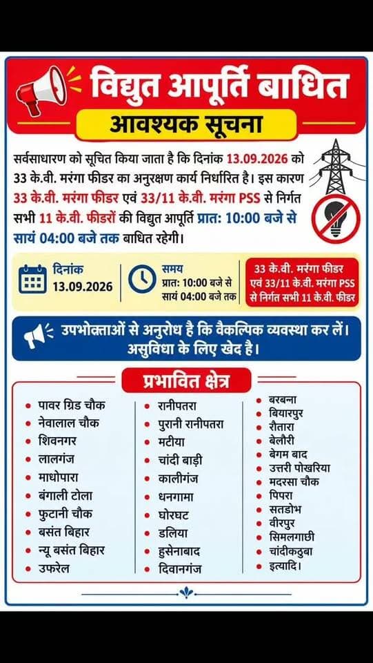 मरंगा फीडर का अनुरक्षण कार्य, 13 सितंबर को छह घंटे बिजली आपूर्ति रहेगी बाधित
पूर्णिया पूर्व 33 केवी मरंगा फीडर में अनुरक्षण कार्य के कारण रविवार, 13 सितंबर को पूर्णिया शहर एवं आसपास के कई इलाकों में करीब छह घंटे बिजली आपूर्ति बाधित रहेगी। विद्युत विभाग की ओर से जारी सूचना के अनुसार 33 केवी मरंगा फीडर तथा 33/11 केवी मरंगा पावर सब स्टेशन (पीएसएस) से निर्गत सभी 11 केवी फीडरों की विद्युत आपूर्ति सुबह 10 बजे से शाम चार बजे तक बंद रहेगी।
अनुरक्षण कार्य के दौरान उपभोक्ताओं को बिजली आपूर्ति बाधित रहने के कारण होने वाली असुविधा से बचने के लिए विभाग ने पूर्व से वैकल्पिक व्यवस्था कर लेने की अपील की है। विभाग ने कहा है कि निर्धारित समय के दौरान संबंधित क्षेत्रों में विद्युत आपूर्ति बंद रखकर आवश्यक अनुरक्षण कार्य किया जाएगा। कार्य पूरा होने के बाद बिजली आपूर्ति सामान्य कर दी जाएगी। इन क्षेत्रों में रहेगा असर: पावर ग्रिड चौक, नेवालाल चौक, शिवनगर, लालगंज, माध