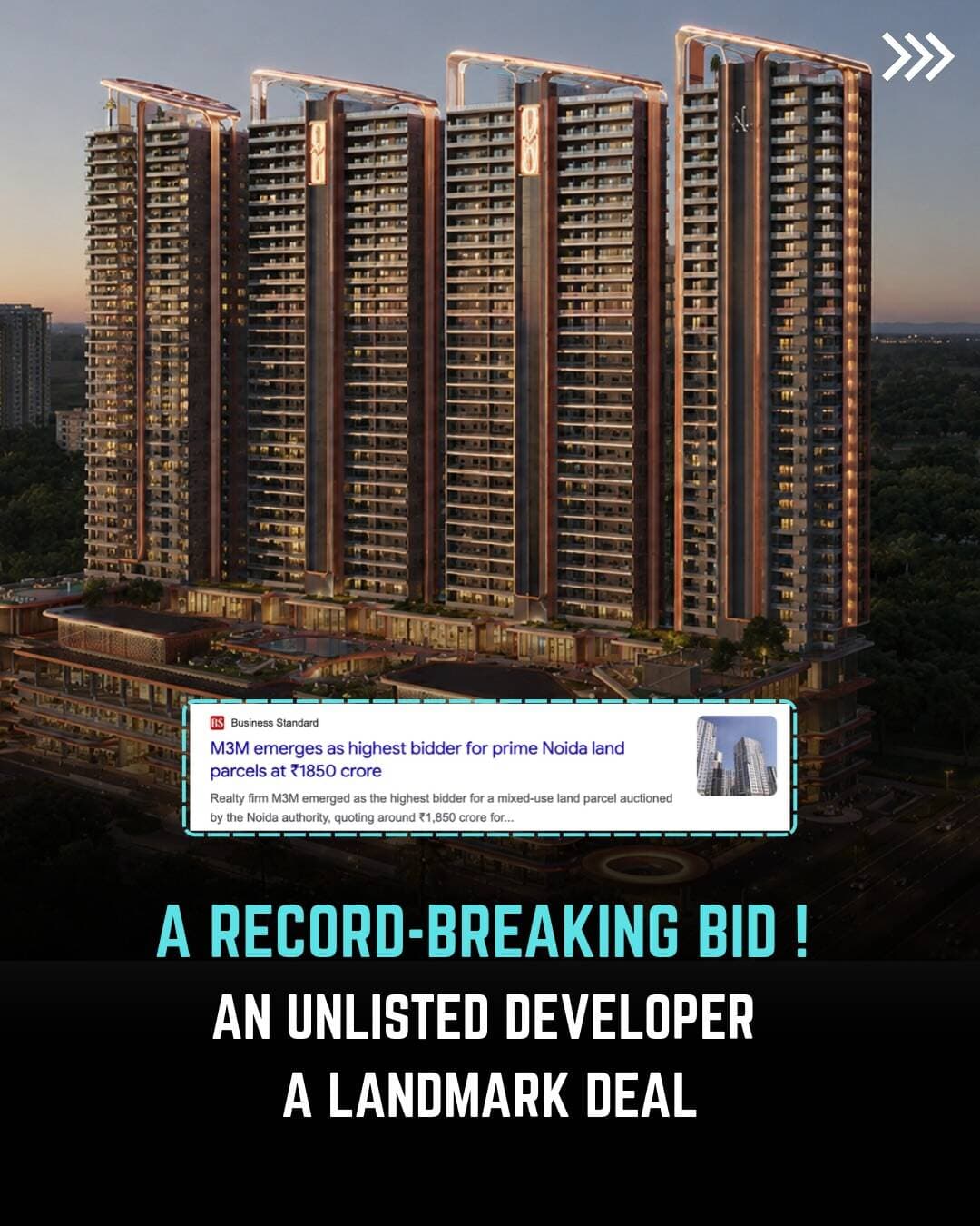 🚨 M3M’s BIG Noida Land Deal!
A major development in the Delhi-NCR real estate market — M3M has emerged as the highest bidder for a 12.5-acre mixed-use land parcel in Sector 108, Noida, with a bid of around ₹1,850 crore.
The parcel had a reserve price of ₹835 crore, meaning the winning bid was more than 2× the reserve price. DLF also participated in the bidding, while Godrej Properties had been shortlisted.
The land is designated for mixed-use development — residential + commercial, highlighting the growing demand for premium land in Noida.
💰 Bid: ~₹1,850 Cr
📍 Location: Sector 108, Noida
📐 Land: 12.5 Acres
🏗️ Development: Mixed-Use
🔥 Reserve Price: ₹835 Cr
A landmark land deal that puts the spotlight firmly on Noida’s growing real estate potential.
#Noida #M3M #M3MIndia #NoidaRealEstate #DelhiNCR RealEstateIndia Sector108 PropertyNews RealEstateNews