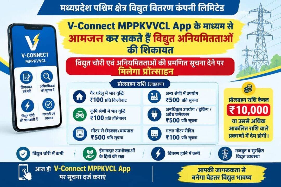 V-Connect MPPKVVCL App के माध्यम से आमजन कर सकते हैं विद्युत अनियमितताओं की शिकायत
विद्युत चोरी एवं अनियमितताओं की प्रमाणित सूचना देने पर मिलेगा प्रोत्साहन
मध्यप्रदेश पश्चिम क्षेत्र विद्युत वितरण कंपनी लिमिटेड द्वारा विद्युत चोरी एवं विद्युत के अनधिकृत अथवा अनियमित उपयोग पर प्रभावी अंकुश लगाने के लिए आमजन की सहभागिता सुनिश्चित की जा रही है। इसके तहत V-Connect MPPKVVCL App के माध्यम से नागरिक विद्युत चोरी एवं अन्य अनियमितताओं की सूचना दर्ज करा सकते हैं। प्रमाणित सूचना देने वाले नागरिकों को नियमानुसार प्रोत्साहन राशि भी प्रदान की जाएगी।
विद्युत वितरण कंपनी के कार्यपालन यंत्री श्री सुखदेव मण्डलोई ने बताया कि विभिन्न प्रकार की अनियमितताओं के लिए अलग-अलग प्रोत्साहन राशि निर्धारित की गई है। गैर घरेलू श्रेणी में भार वृद्धि की सूचना पर 100 रुपये प्रति किलोवाट, कृषि श्रेणी में भार वृद्धि पर 100 रुपये प्रति हॉर्सपावर, स्वीकृत श्रेणी से अन्य श्रेणी में विद्युत उपयोग पर 500 रुपये प्रति सूचना, स्वीकृत परिसर के अतिरिक्त अन्य परिसर में विद्युत उपयोग पर 500 रुपये प्रति सूचना, मीटर से छेड़छाड़ अथवा बायपास पर 500 रुपये प्रति सूचना, विच्छेदित कनेक्शन से अनधिकृत उपयोग पर 500 रुपये प्रति सूचना, विद्युत चोरी, हुकिंग अथवा अवैध कनेक्शन की सूचना पर 500 रुपये प्रति सूचना तथा गलत मीटर रीडिंग की सूचना पर 100 रुपये प्रति सूचना प्रोत्साहन राशि का प्रावधान है।
श्री मण्डलोई ने बताया कि प्रोत्साहन राशि केवल उन प्रकरणों में देय होगी, जिनमें आकलित राशि 10 हजार रुपये या उससे अधिक होगी। प्रोत्साहन राशि का भुगतान कंपनी के प्रचलित नियमों के अनुसार किया जाएगा।
विद्युत वितरण कंपनी ने आमजन से अपील की है कि विद्युत चोरी अथवा विद्युत के अनधिकृत उपयोग की जानकारी मिलने पर V-Connect MPPKVVCL App के माध्यम से सूचना दर्ज कराएं। आमजन की सहभागिता से विद्युत चोरी एवं वितरण हानि में कमी लाने के साथ ईमानदार उपभोक्ताओं के हितों की रक्षा और विद्युत व्यवस्था को अधिक सुदृढ़ बनाने में सहायता मिलेगी।
Jansampark Madhya Pradesh CM Madhya Pradesh Indore Commissioner <nis:link nis:type=tag nis:id=jhabua nis:value=Jhabua nis:enabled=true nis:link/> <nis:link nis:type=tag nis:id=jansamparkmp nis:value=JansamparkMP nis:enabled=true nis:link/>